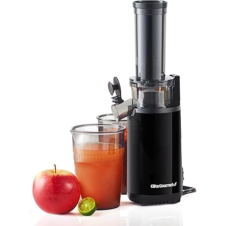 Elite Gourmet EJX600 Compact Small Space-Saving Masticating Slow Juicer, Cold Press Juice Extractor, Nutrient and Vitamin Dense, Easy to Clean, 16 oz Juice Cup, Charcoal Grey