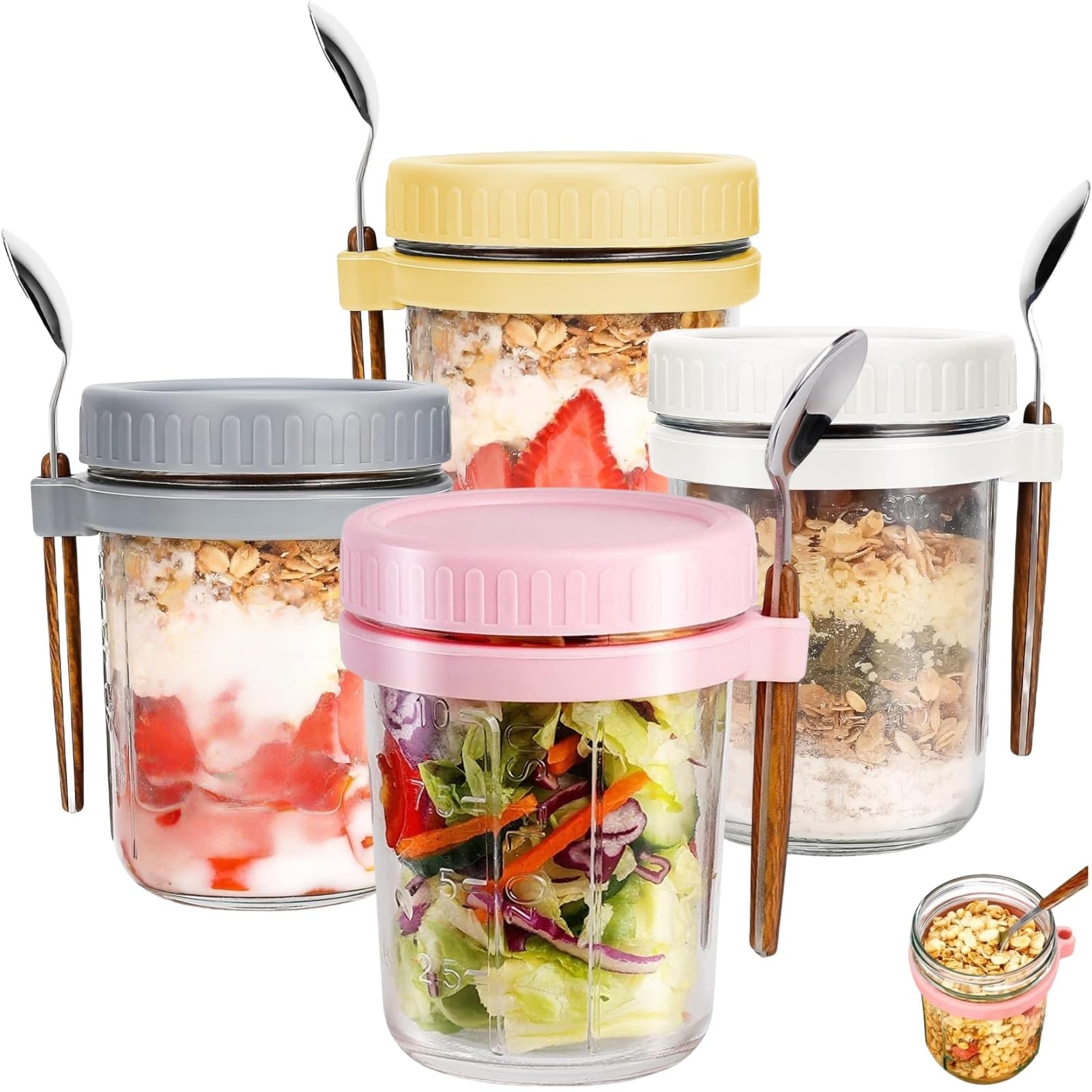 4 Pack Overnight Oats Jar, 350ml/12oz Mason Jars for Overnight Oats container, Reusable Glass Overnight Oat Container with Measurement Marks, Breakfast Pots, Oatmeal Container for Milk, Cereal, Fruit.