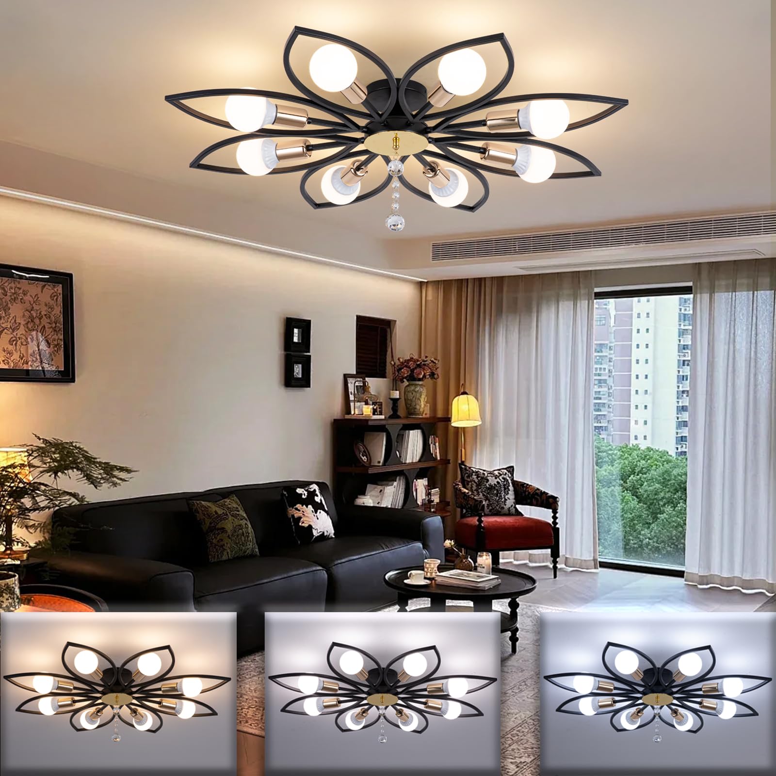 Caunmar Lampadario Soggiorno Moderno, Lampadari Camera Da Letto 8 Luci Plafoniera E27 Soffitto Vintage In Metallo, Per Cucine, Ristoranti E Loft Nero/Oro-88cm(Lampadine non incluse)