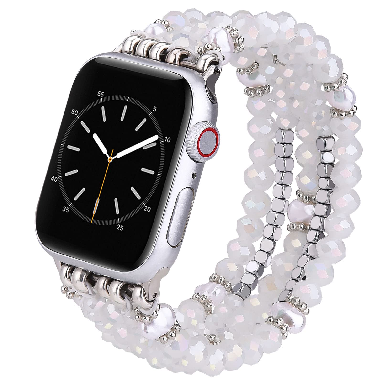 V-MOROBeaded Bracelet Compatible with 45mm/44mm Series 8/7/6 Apple Watch Bands Natural Pearl Beads Handmade Elastic Stretch Strap for iWatch Series SE/5/4/3/2/1(42/44/45mm,White) for 5.5"-6.1" wrist