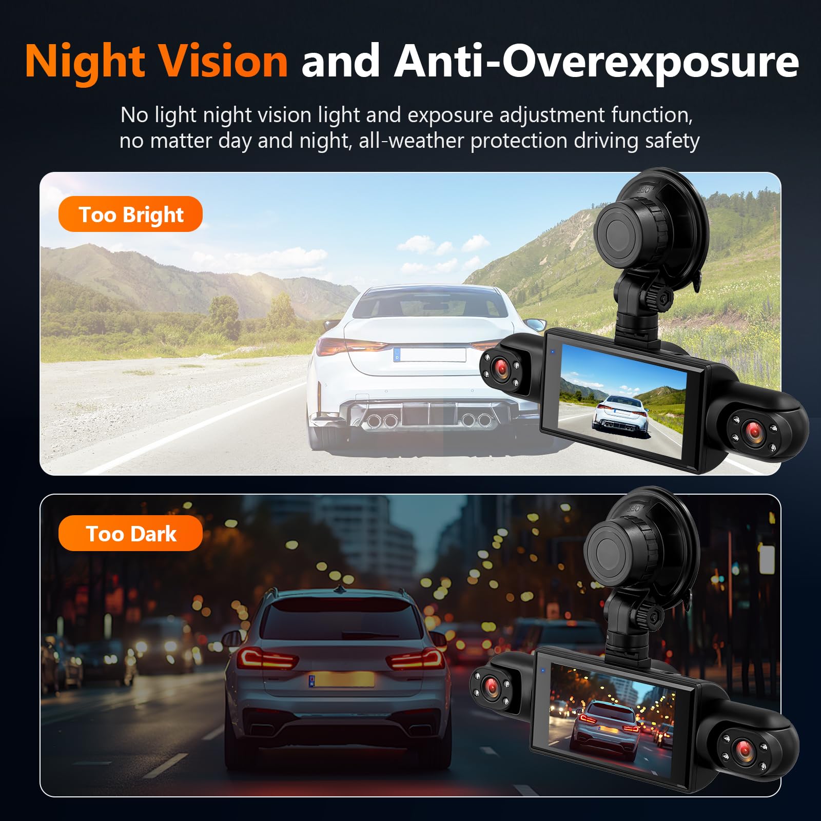 Mirror Dash Cam 4 Channel Front Rear, 3 inch Rückspiegel Kamera mit G-Sensor/Parking Monitoring/Night Vision 360 Grad Schutz+ 64GB Karte