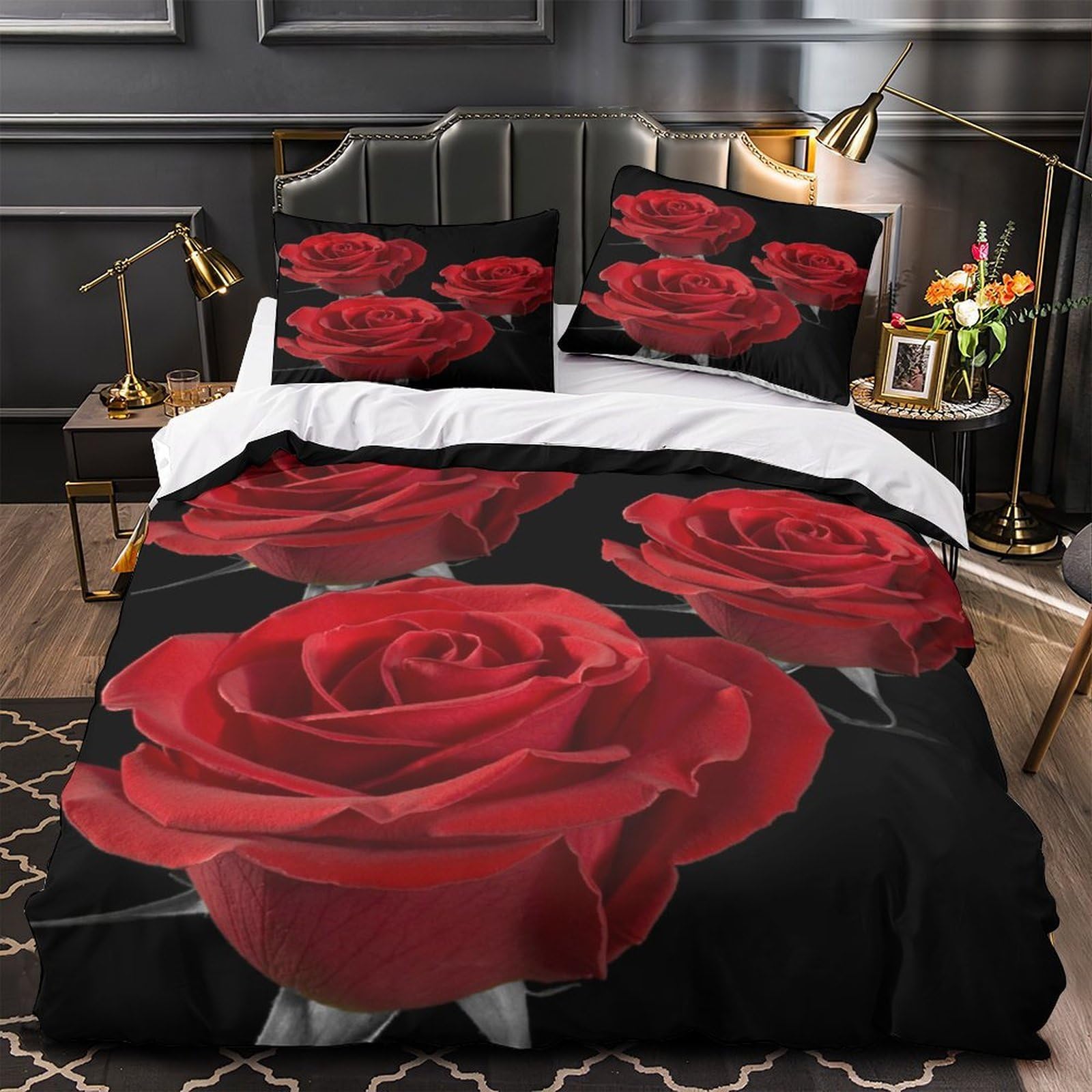 Housse de Couette Microfibre 135x200 Parure de Lit Résistante Design Floral Roses