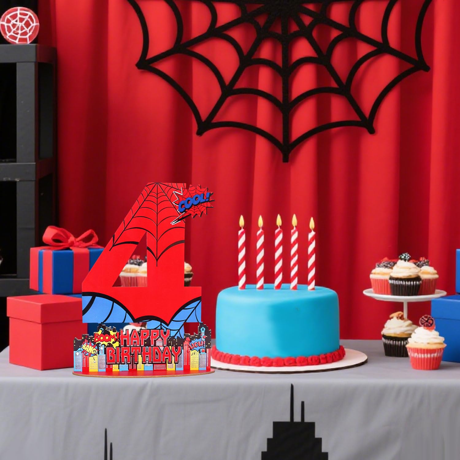 Décoration Table Anniversaire Thème Araignée - Panneau Bois Numéro 4 Avec Base - Pour Fête 4 Ans - Accessoire Photo Et Décoration