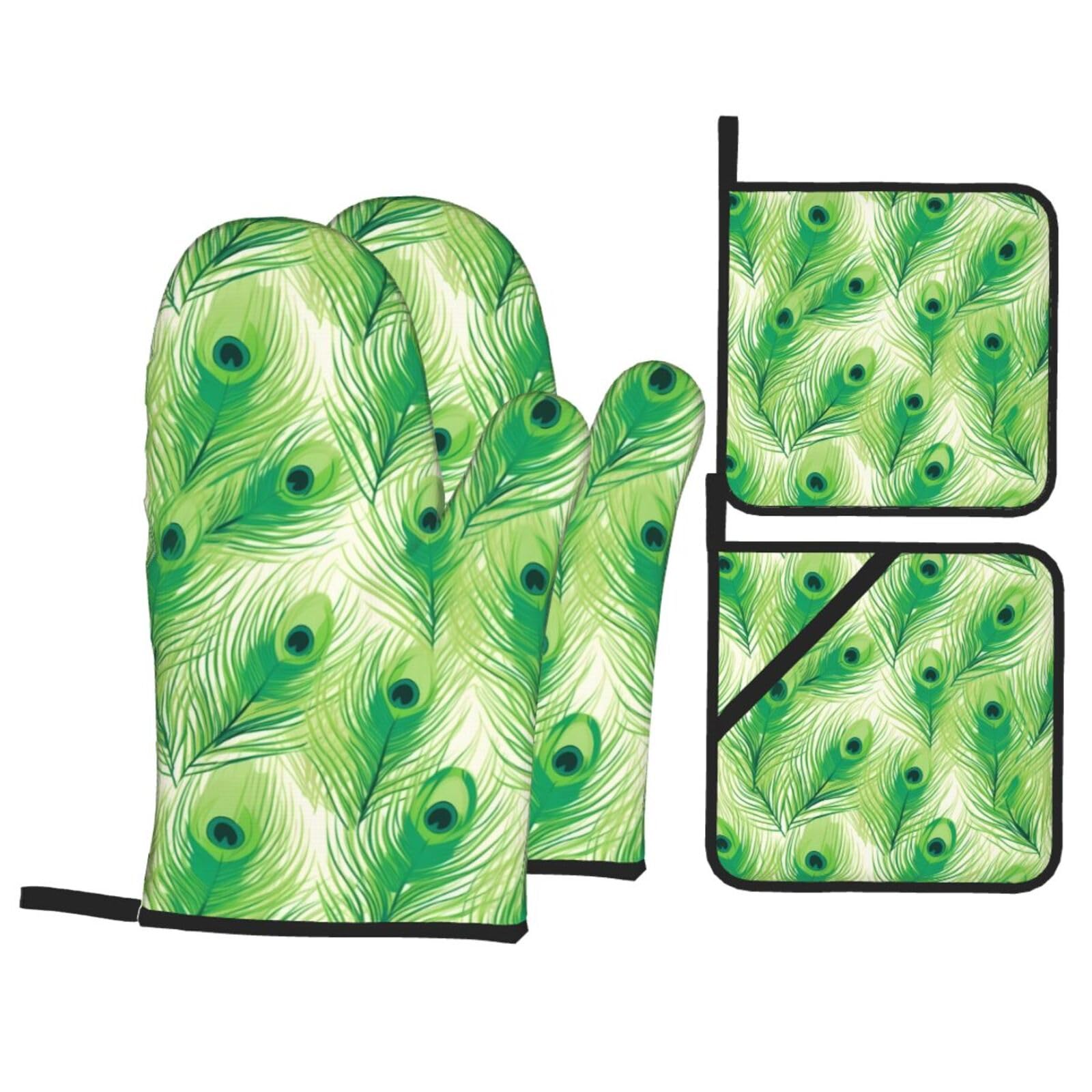 HJFCZH Green Peacock Feather Picture Kitchen Baking Set of 4 Thick Insulated Oven Mitt & Pot Holders, Anti-Scalding for Microwave, Oven, Outdoor BBQ