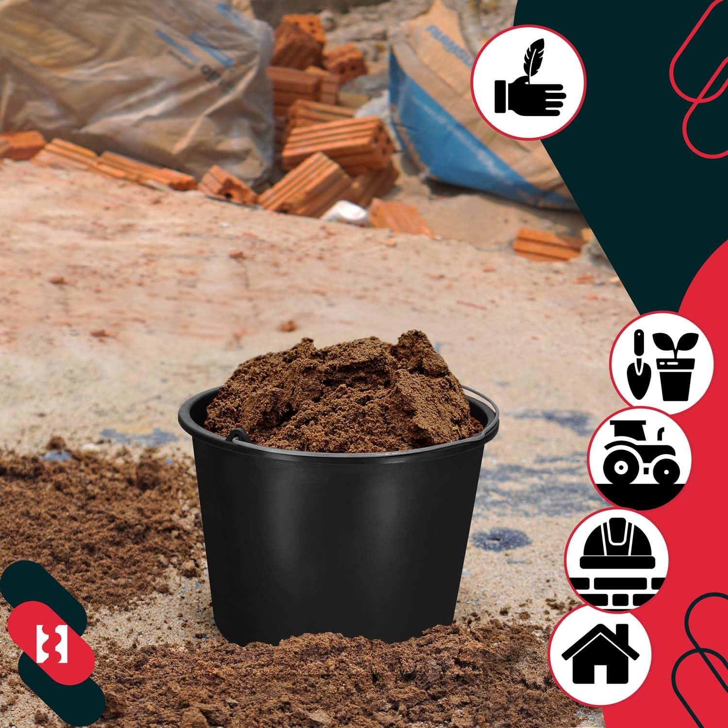 KOTARBAU Set di 20 secchi per l’edilizia, caldarella in plastica da 12 litri, per lavori edilizia, cemento, acqua, per il giardinaggio, colore nero