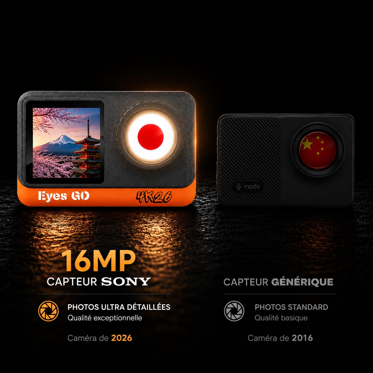 4K26 - Caméra Sport 4K30fps - 20 Accessoires - Photo 16MP - 2 Ecrans Tactile Vlog - Télécommande - Stabilisateur E.I.S 2.0 - Étanche 30M - 5 Heures d'autonomie