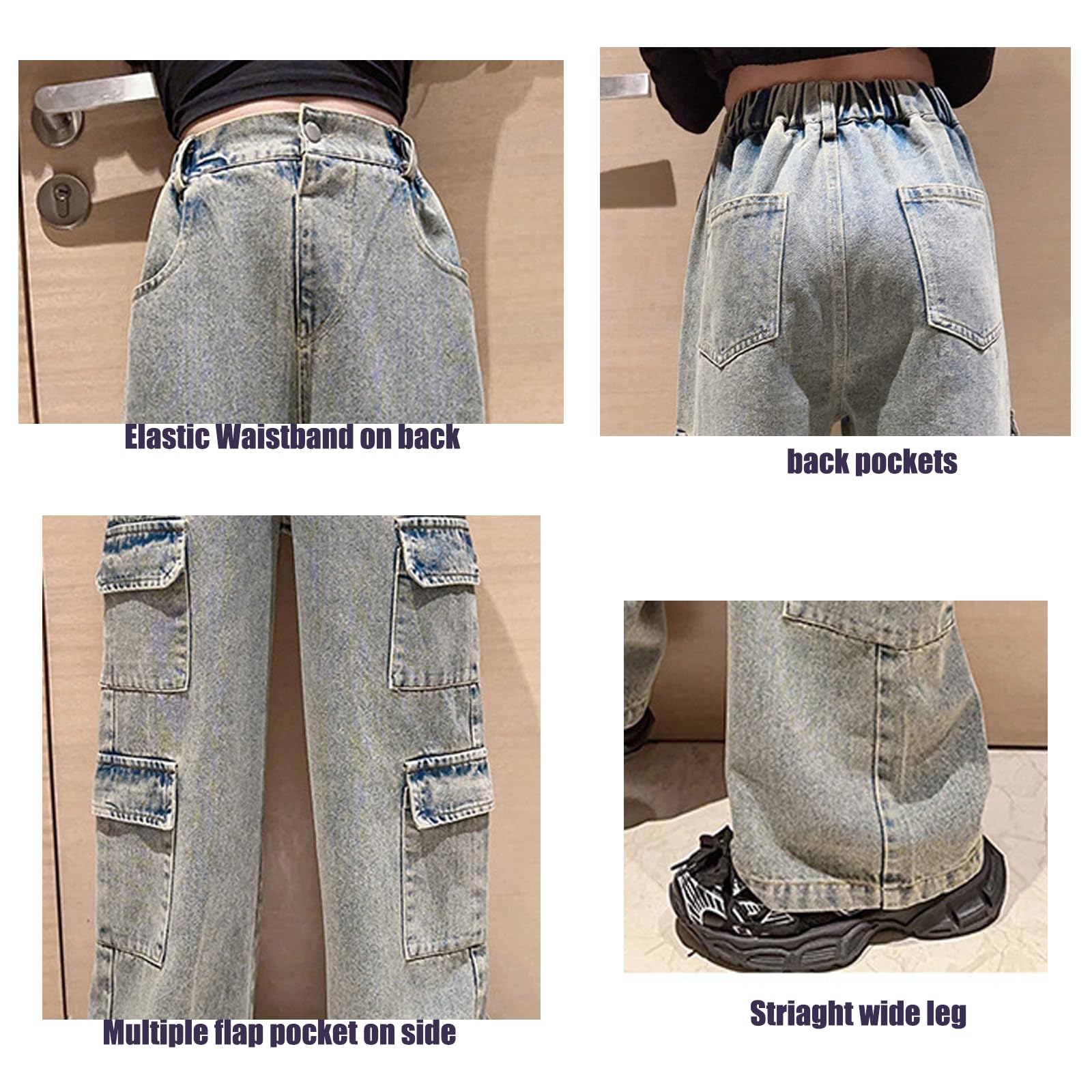 Pantalones de mezclilla para niñas de 4 a 14 años, estilo cargo, rasgados, desgastados, cintura elástica, pantalones holgados