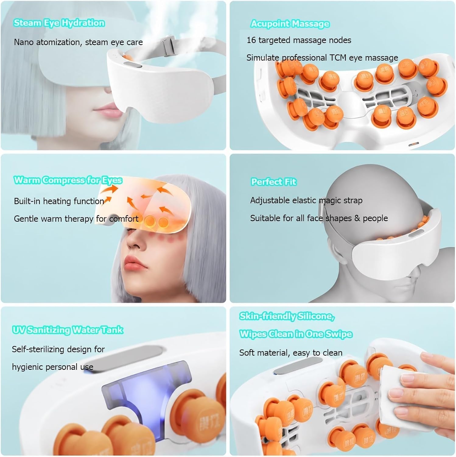 Masajeador Ocular Con Calor, Máscara Térmica Para Los Ojos, Aparato Eléctrico De Cuidado, Puntos Acupuntura Térmicos Silicona, Fatiga, Sequedad, Tensión En La Cabeza;