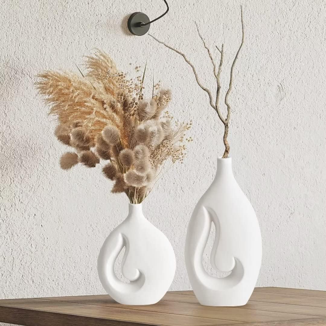 Amazon.com: White Ceramic Vase Set of 2 with Line Engraving, Unique ...
