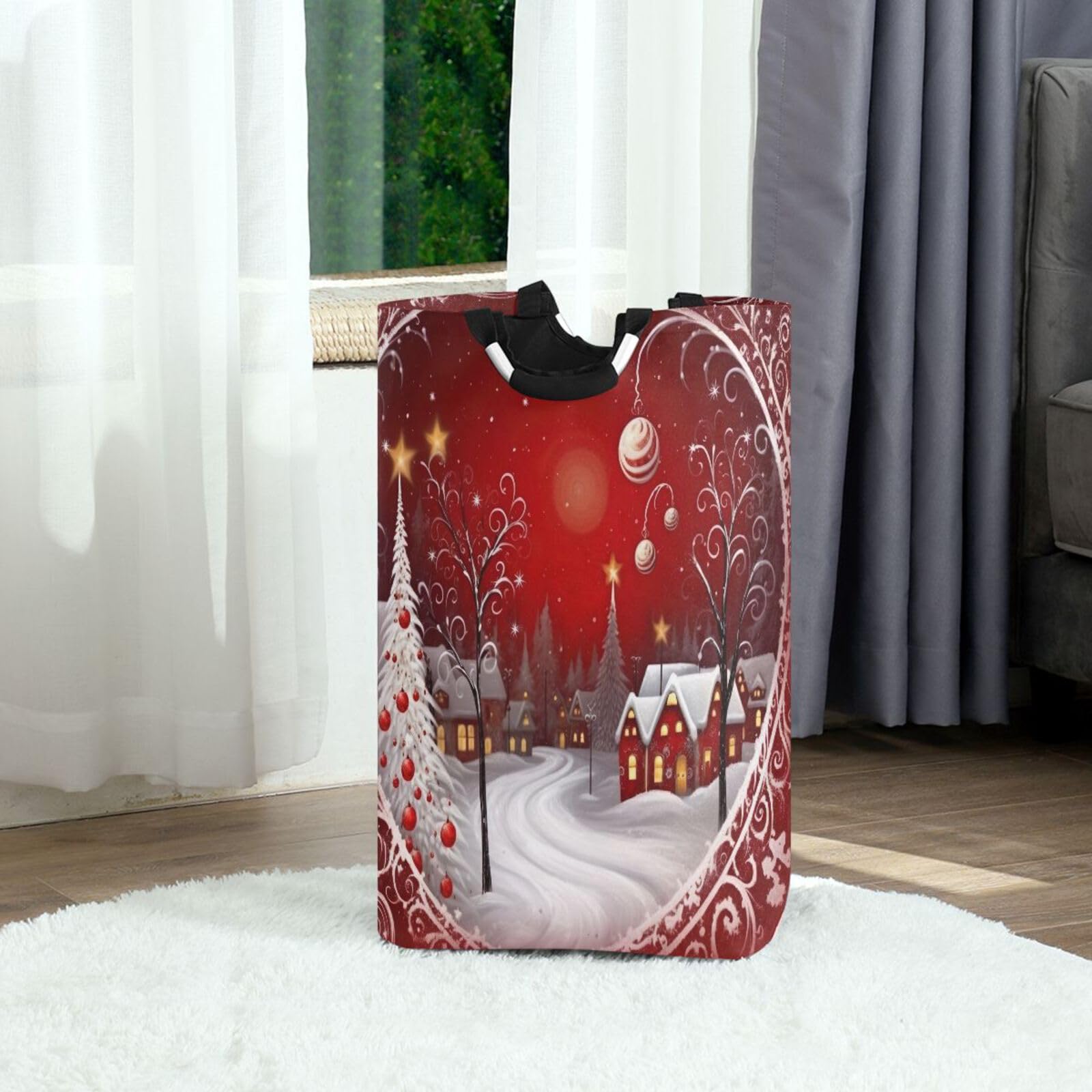 Jihqo Laundry Hamper Basket Red Christmas Balls Tree Collapsible Nursery Storage Bin Waterproof Clothing Baskets for Home Bedroom Bathroom Washing Room