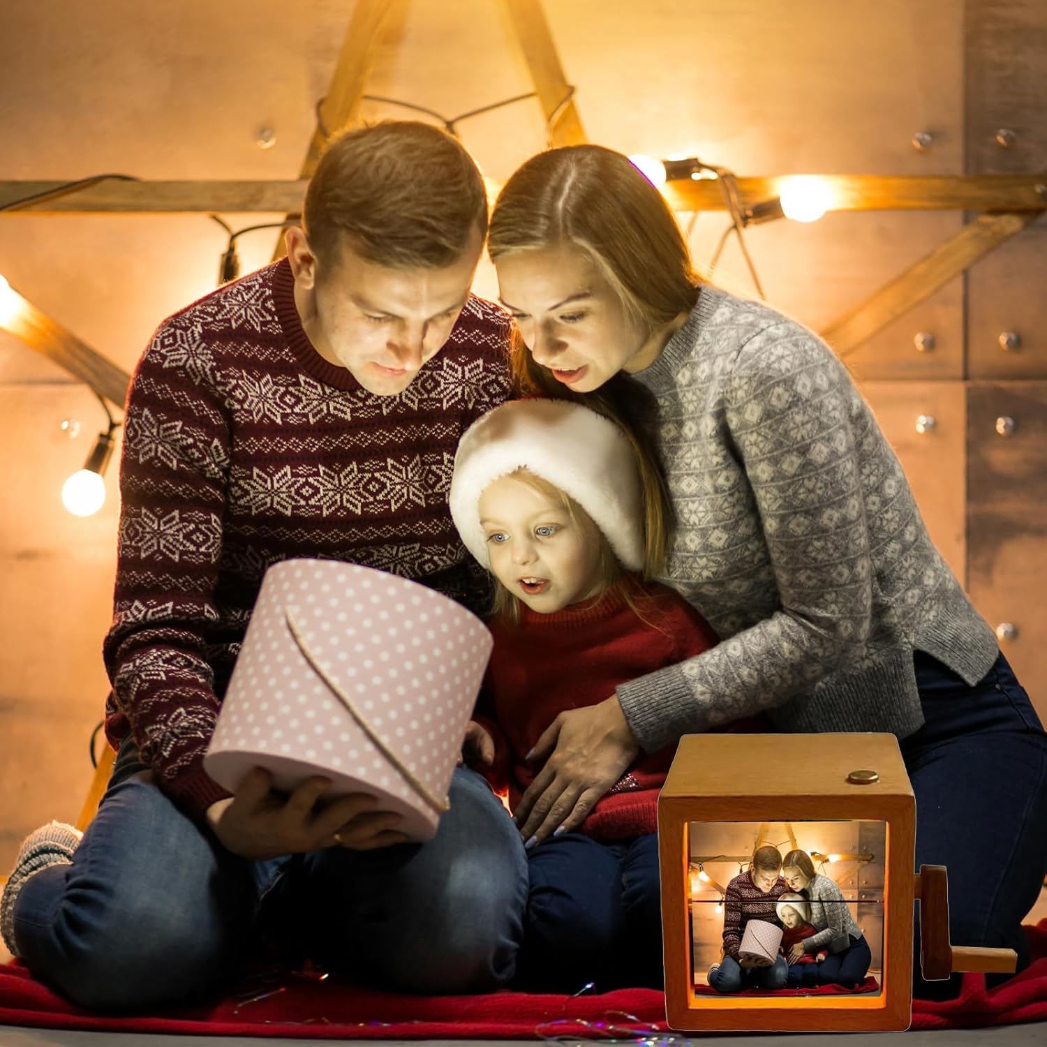 Cadre Photo à Manivelle Avec Lumière LED - Cube Flipbook 8,9 Cm - Pour 8 Photos, Alimentation USB - Décoration Saint-Valentin, Anniversaire