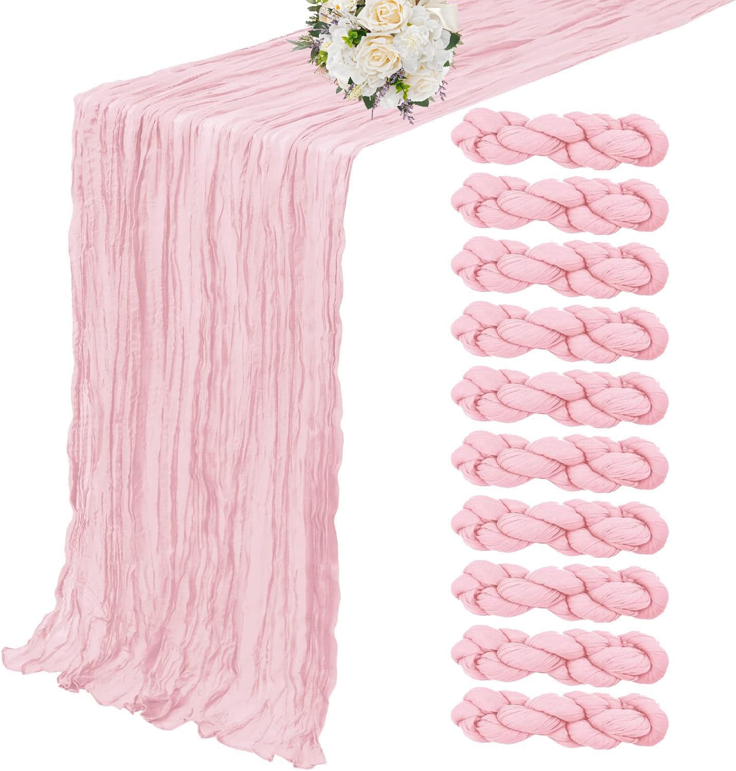 10 Pack Light Pink Cheesecloth Table Runner 10FT Boho Gauze Fabric Table Runner 35 x 120 Inch Spring Rustic Sheer Runner for Wedding Birthday Baby