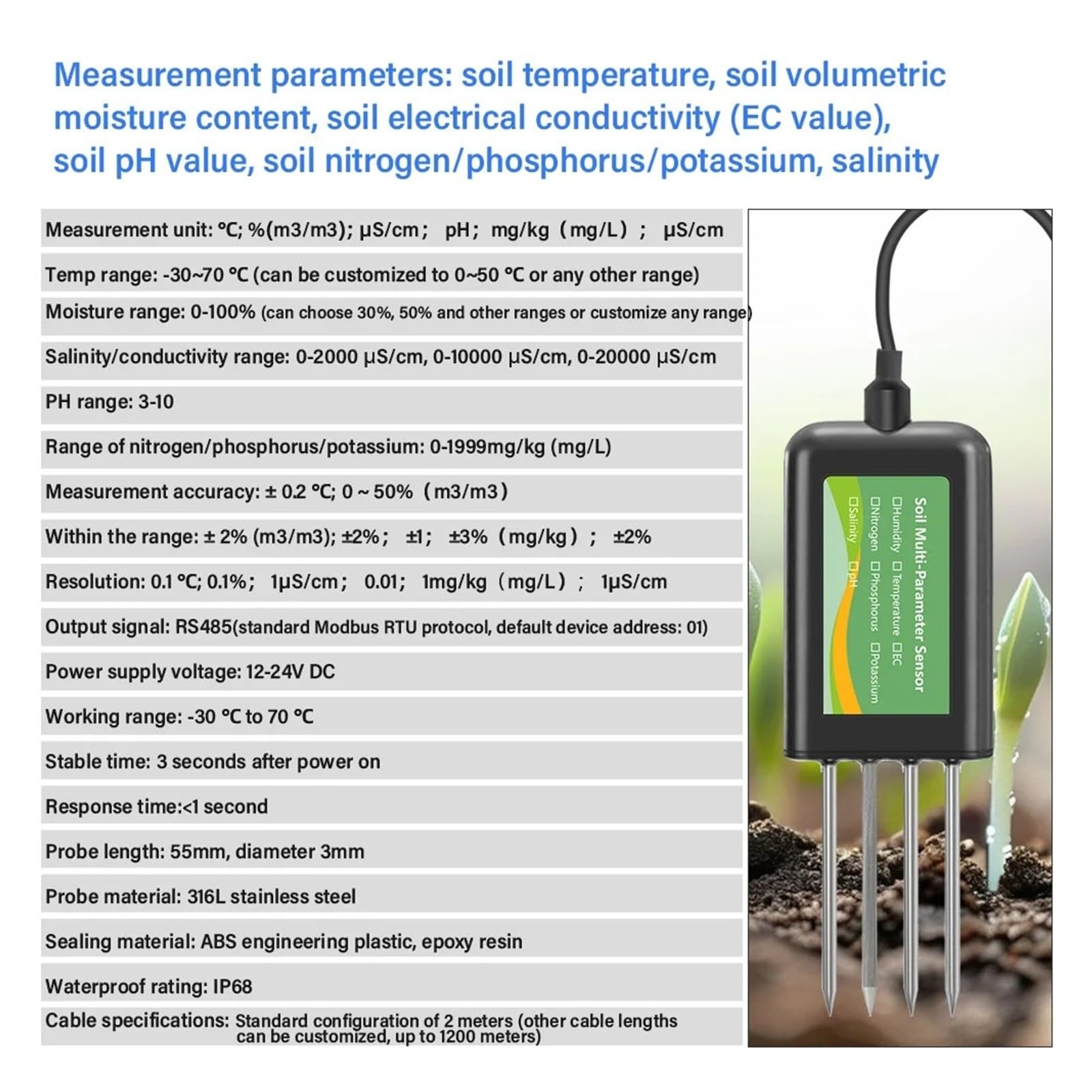 Czujnik gleby 8 w 1 RS485 PH EC Sonda płodności wilgotności i temperatury zasolenia