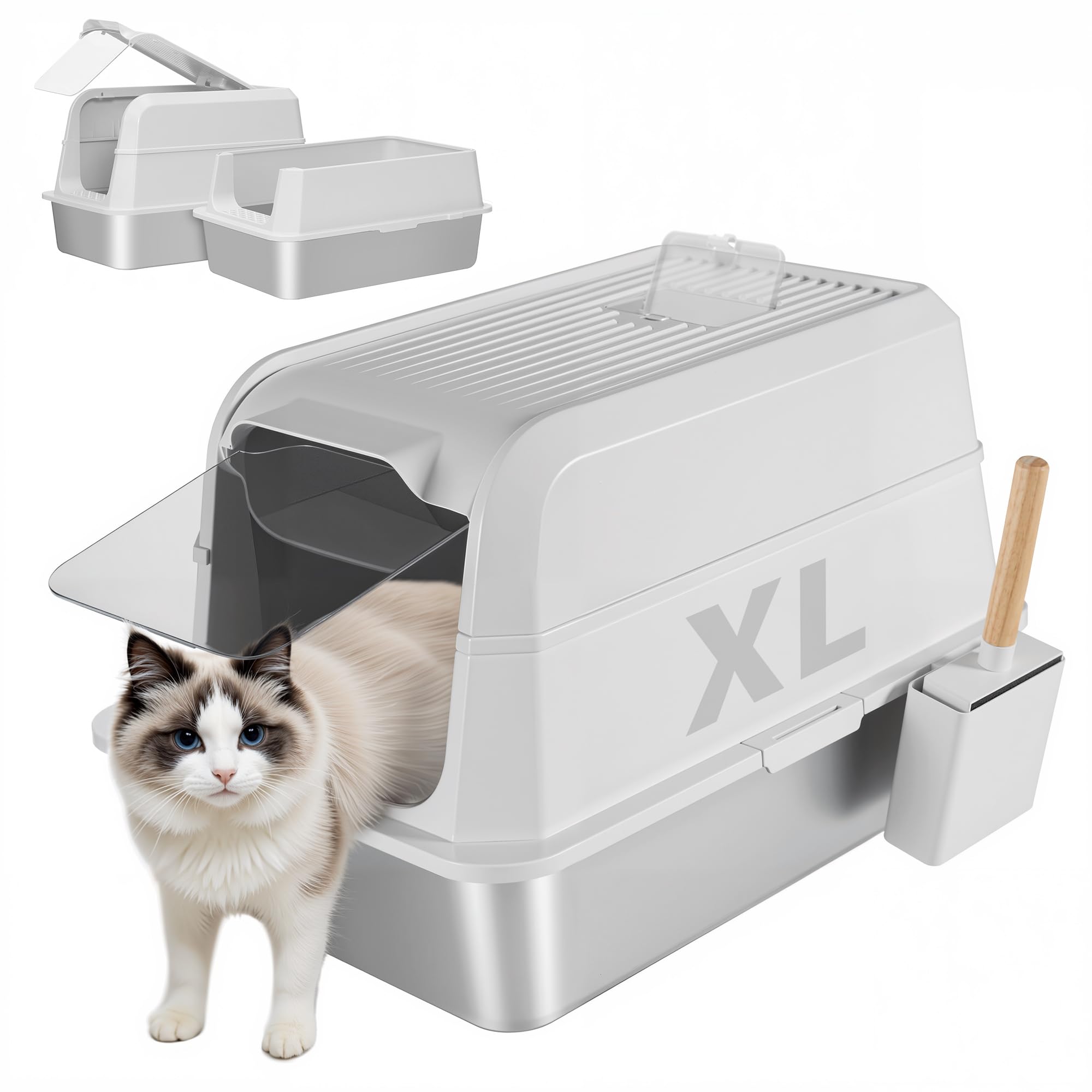 UNZIPE Stainless Steel Litter Box - XL Extra Large Cat Litter Box with Lid, Enclosed Metal Litter Pan with High Sided Enclosure & Scoop, Anti Leakage,
