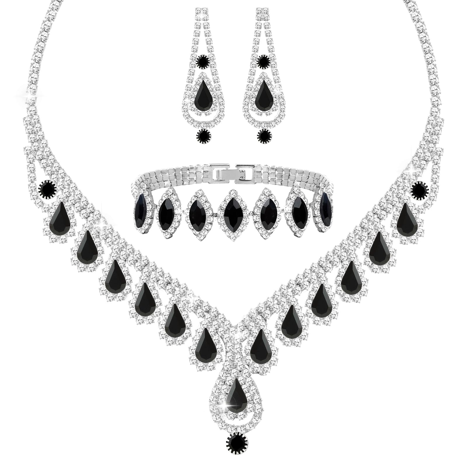 WINSENET Jewelry Set for Women Wedding jewelry Sets for Brides Elegant Rhinestone Necklace Bracelet and Earring Set for Women Prom Formal bridesmaid