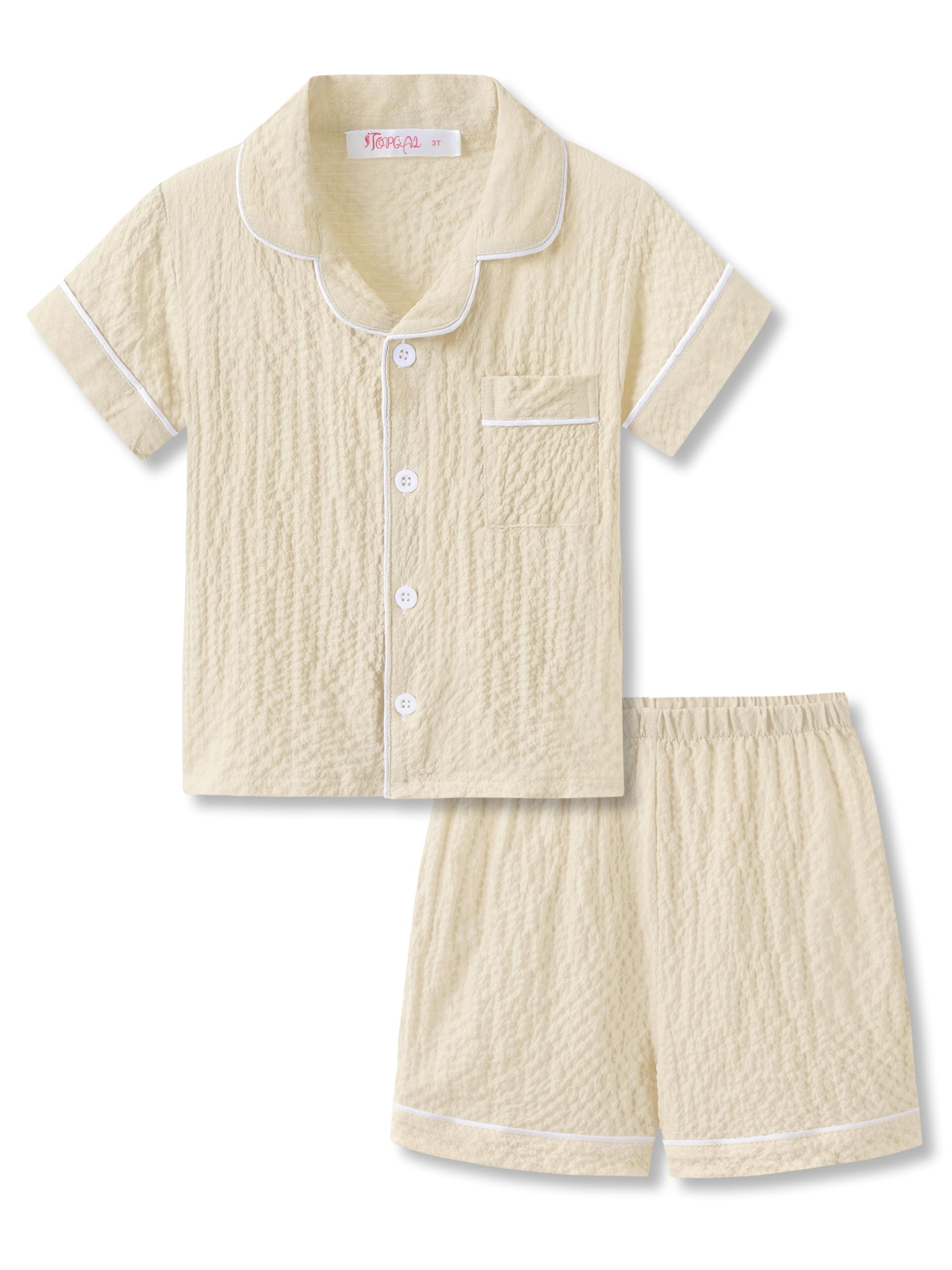 Topgal Toddler Button-Down Textured Crinkle Style Pajamas for Unisex Kids 2PC Set Short Sleeve Lovely PJS Size 2T-5T