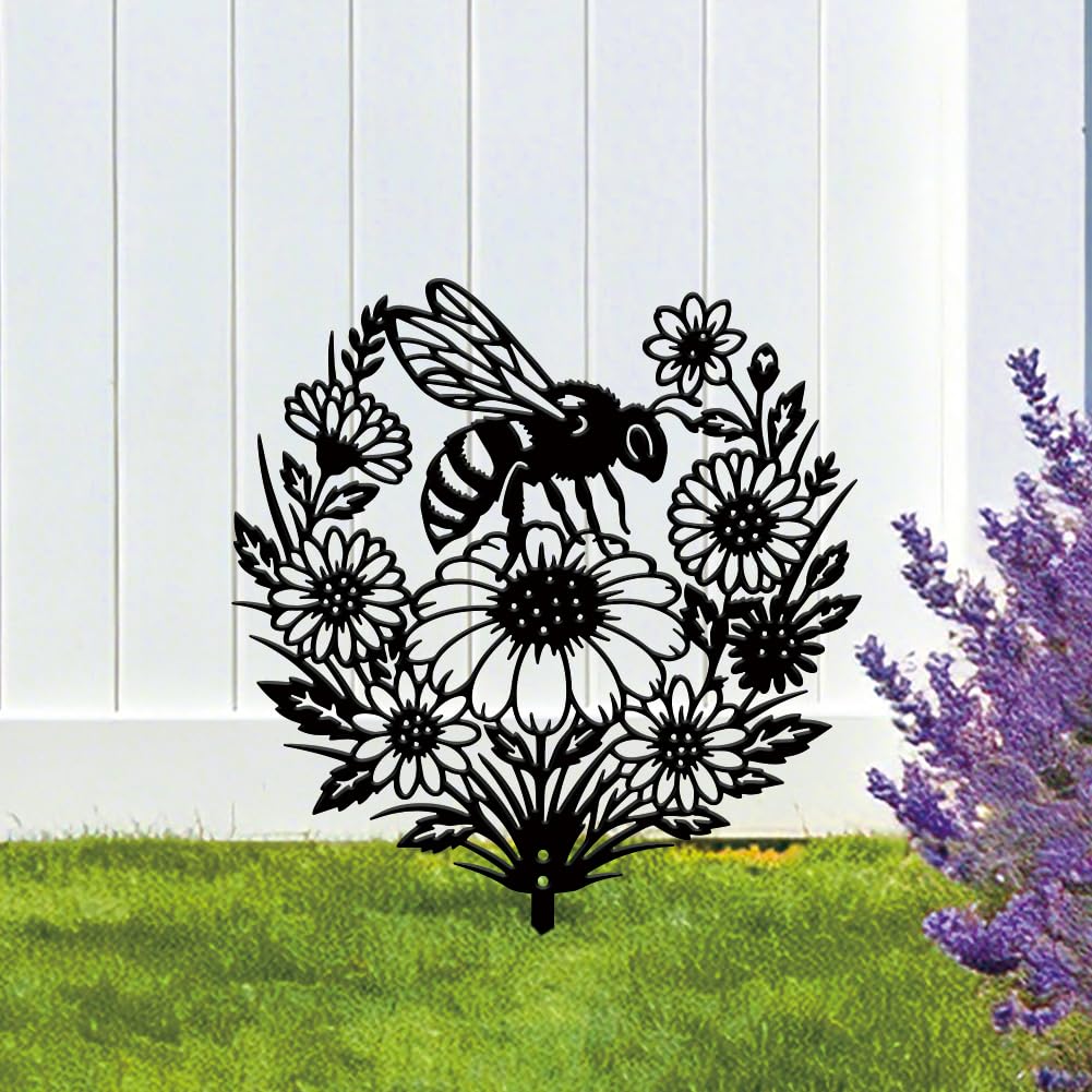 SUPERDANT 1 Pcs Metal Garden Stake Bee Flowers Silhouette Yard Art Plug-In Black Sunflower Iron Decor Lawn Ornament Sign For Lawn Patio Courtyard Farm 28x27.3cm — image 1