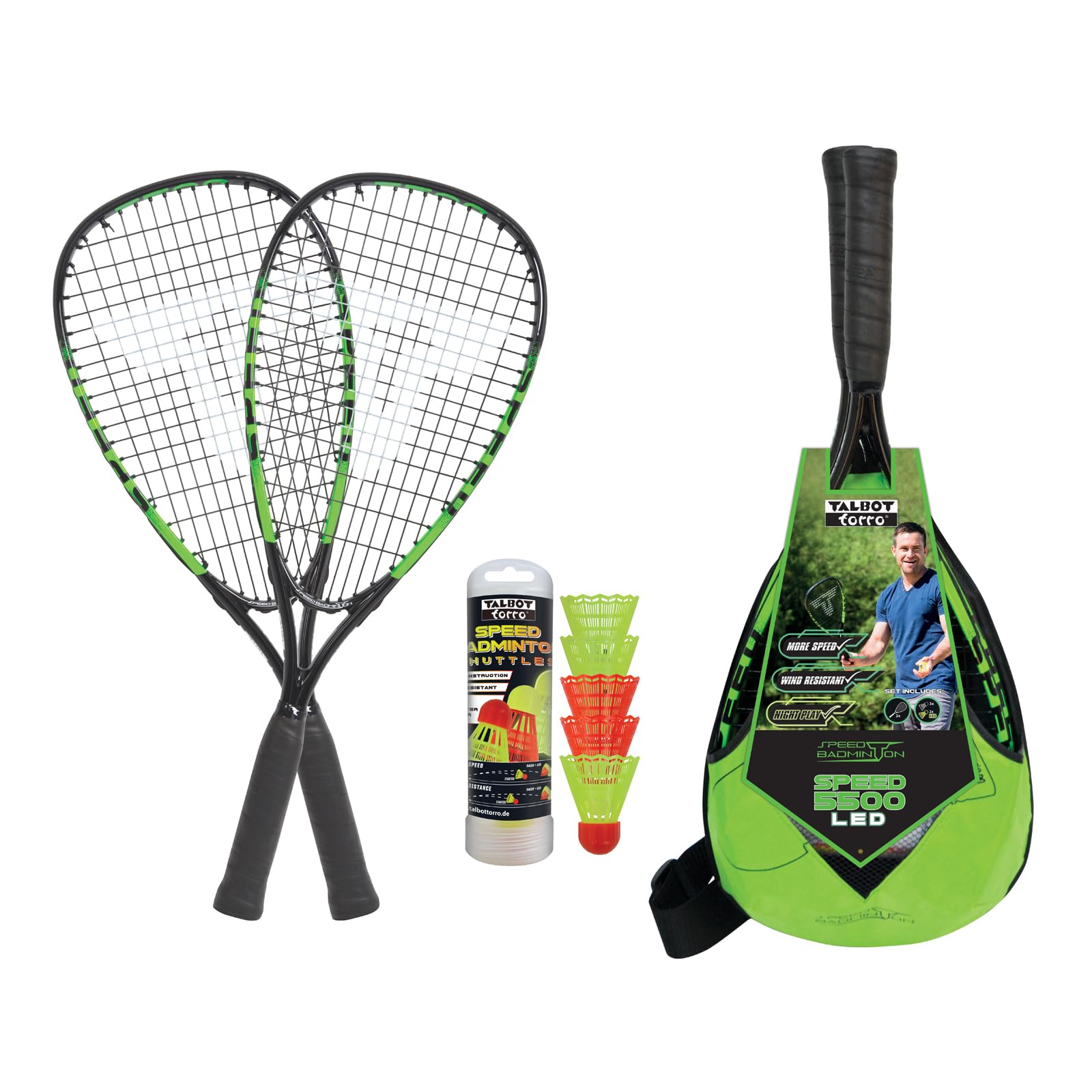 Talbot-Torro Speed-Badminton Set Speed 5500, 2 handliche Alu-Rackets 56,5cm, 6 windstabile Bälle, im trendigen Rucksack