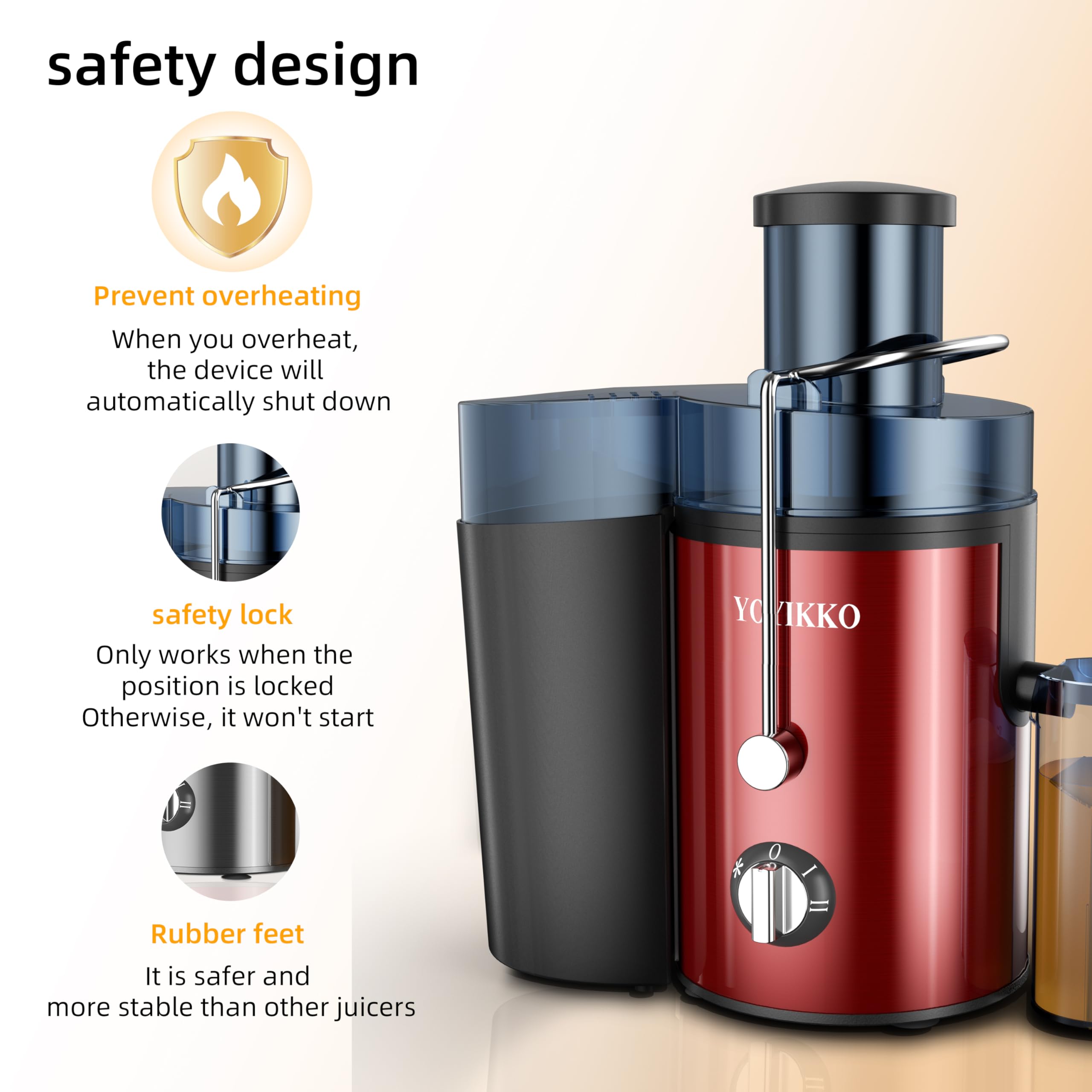 Licuadoras Para Verduras y Frutas, ajuste de 3 velocidades, extractor de frutas y verduras de 800W con boca ancha de 75 mm, fácil de limpiar, acero inoxidable sin BPA (Rojo-60)