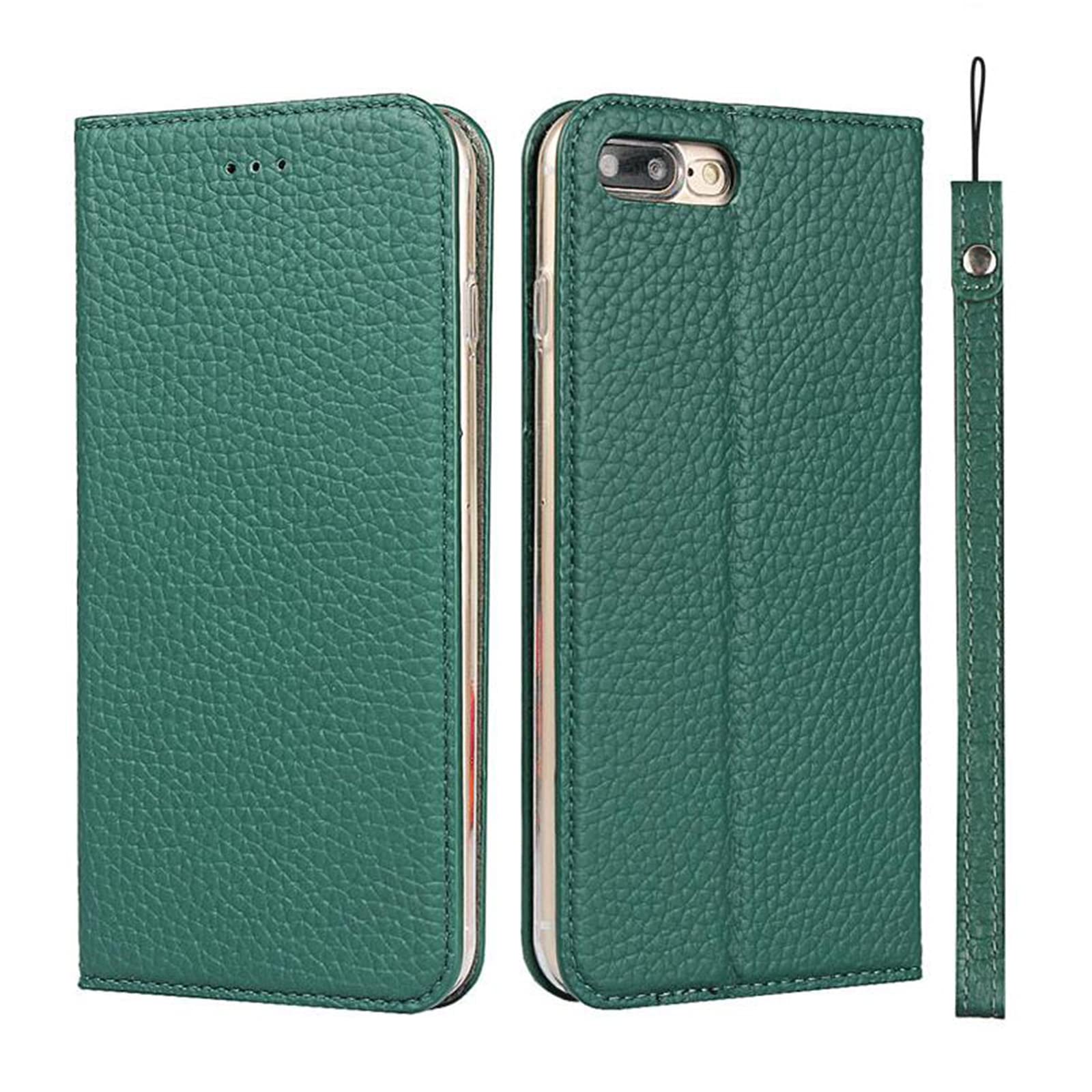Etui do iPhone SE 3/SE 2/8/7, etui z prawdziwej skóry z paskiem na nadgarstek, przegródka na karty, podpórka, otwierana folio, magnetyczne etui na telefon, kompatybilne z iPhone SE 2022/SE 2020/8/7, zielone