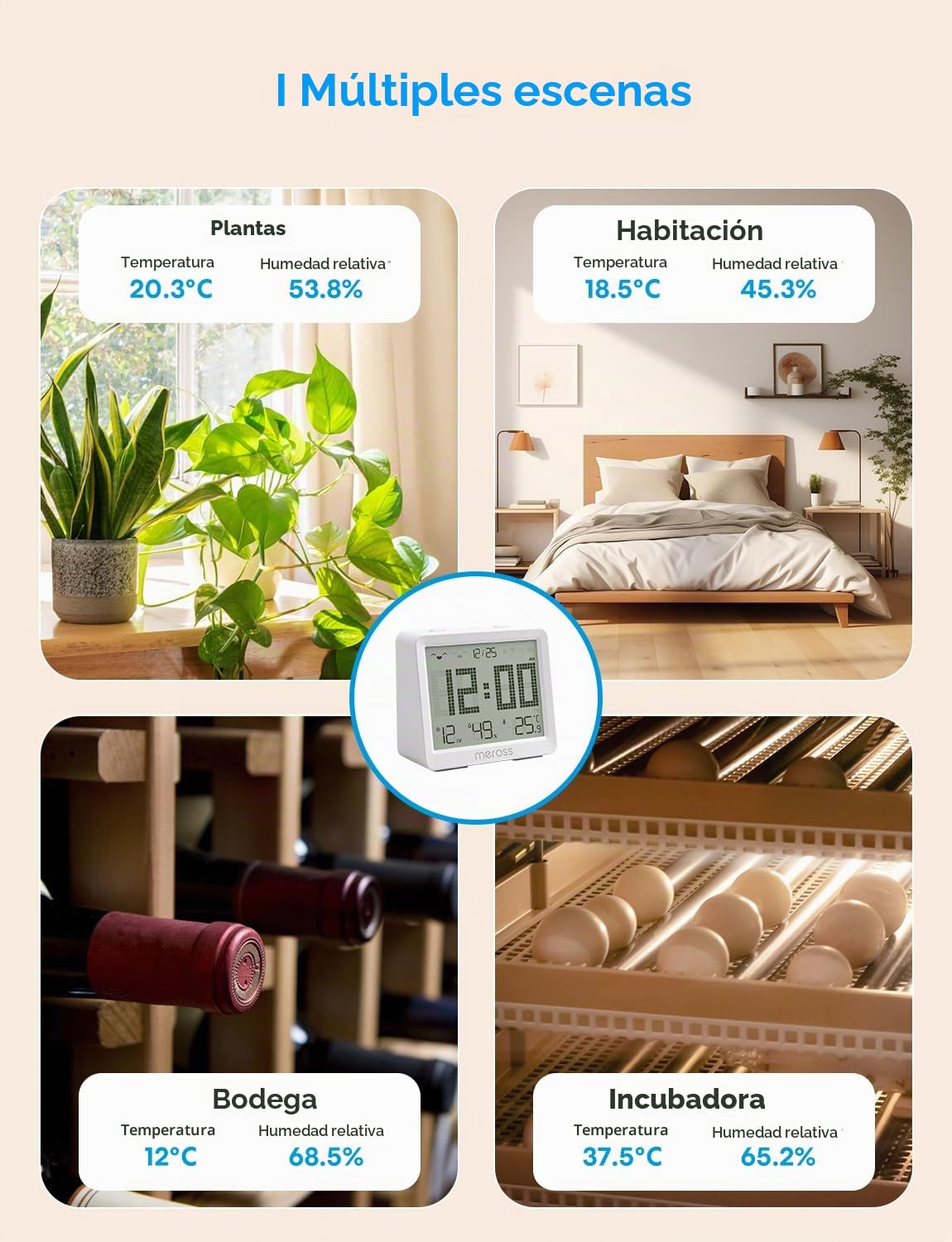 Meross Matter 10-en-1 Termómetro Higrómetro Inteligente(Requiere Hub) – Estacion Meteorologica WiFi Interior con Pantalla, Automatización y Alertas,Compatible con Apple HomeKit, Alexa y Google Home