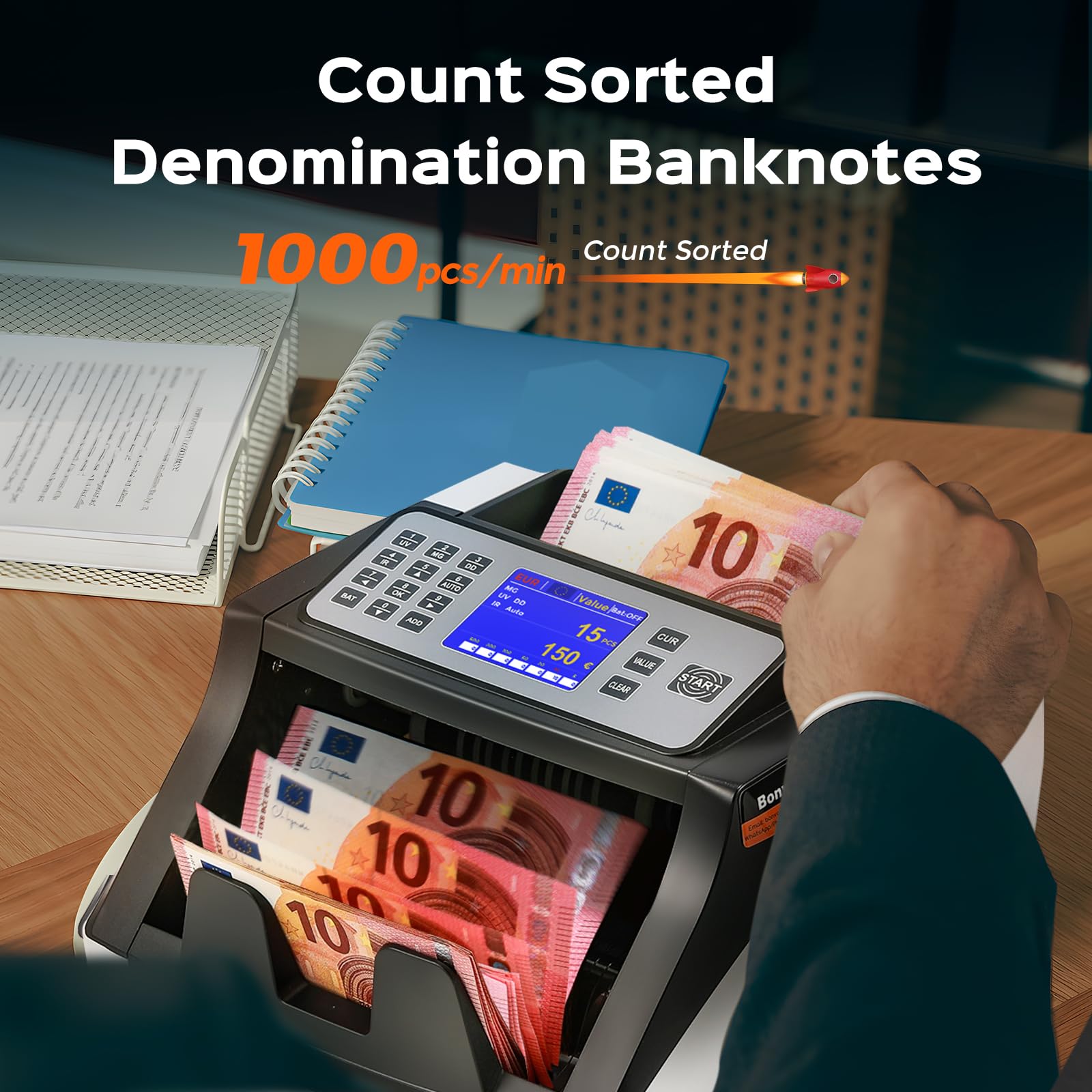 Bonvoisin Contadora de Billetes, Contador de Dinero que Cuenta el Valor de los Billetes Clasificados, con Detección de Billetes Falsos UV/MG/IR/DD, 1000 piezas/min (No cuenta montos mixtos)