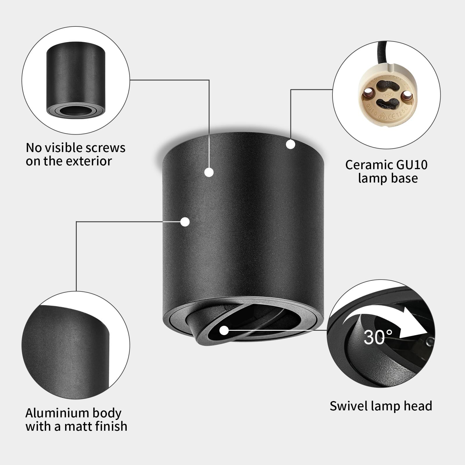 GeyouLux Reflektor punktowy do zabudowy GU10, obracany o 30°, czarny, Φ80 × 84 mm, reflektor do zabudowy z oprawą GU10, lampa do zabudowy z aluminium, okrągła, natynkowa 230 V, downlight, 6 sztuk (bez