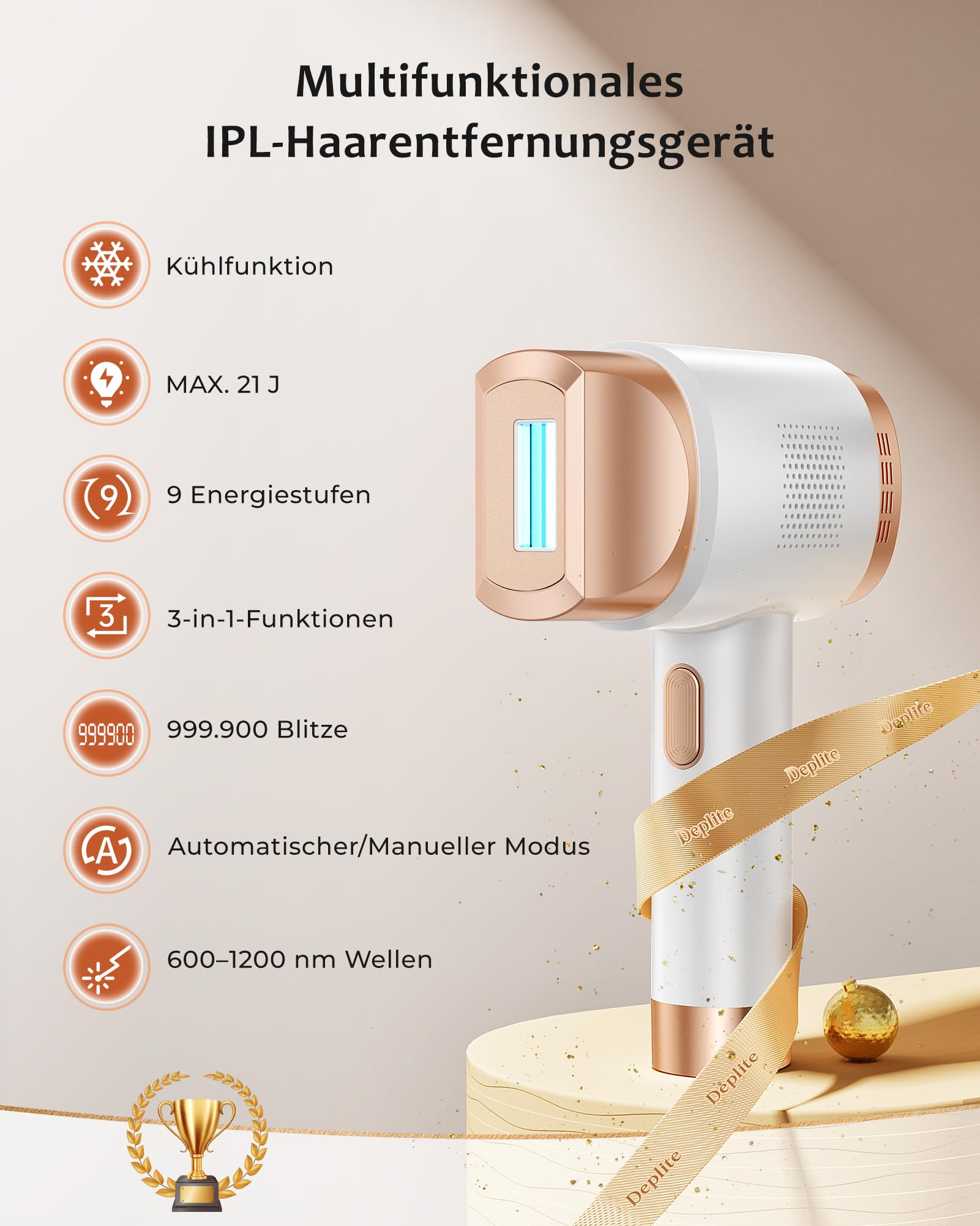 Geräte Haarentfernung mit 8℃ Kühlsystem, Schmerzfreie Haarentfernung Zuhause, 9 Energiestufen 21J für Damen Herren, Gesich Achseln Bikini Beine Körper, Gold