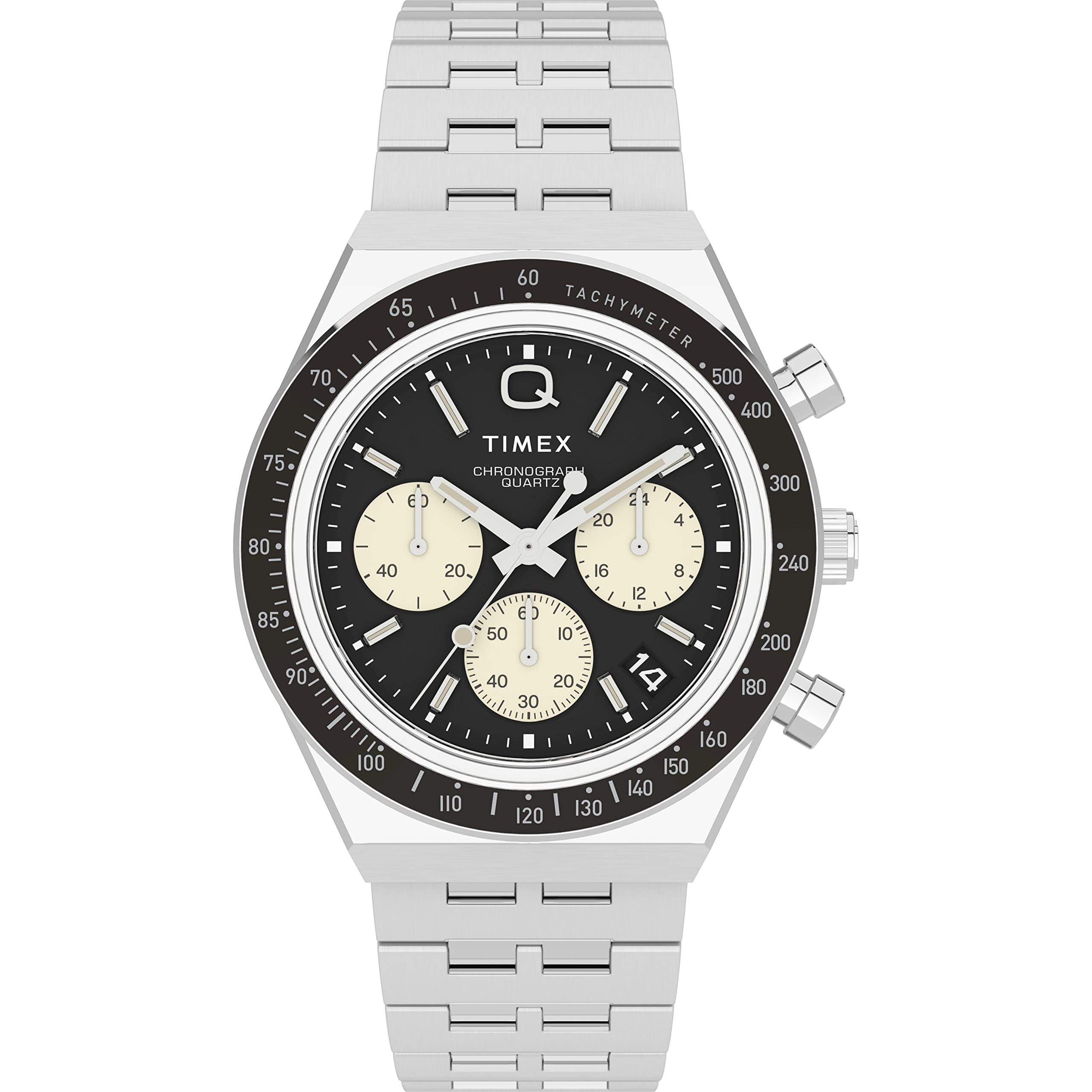 Timex Q Diver Inspired Chronograph Black Dial Silver Tone Stainless Steel Bracelet Watch