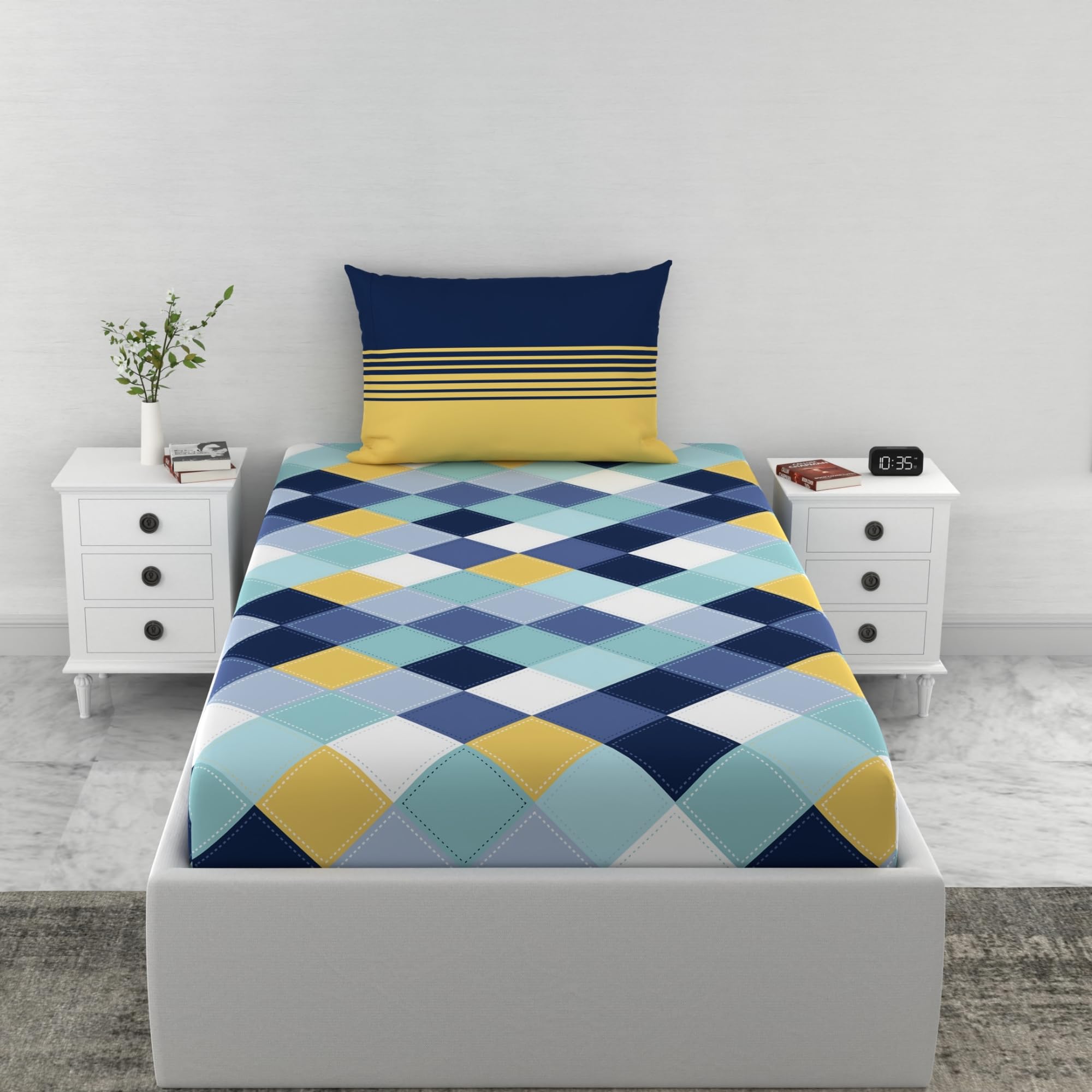 LORETO - A QUALITY LINEN BRAND 144 TC 100% Pure Cotton Single Fitted Bedsheet with 1 Pillow Cover for 72 x 36 Inch Mattress, All-Around Elastic, 8 Inch Deep Pocket, Vivid Blue and Yellow Checkered-image-22
