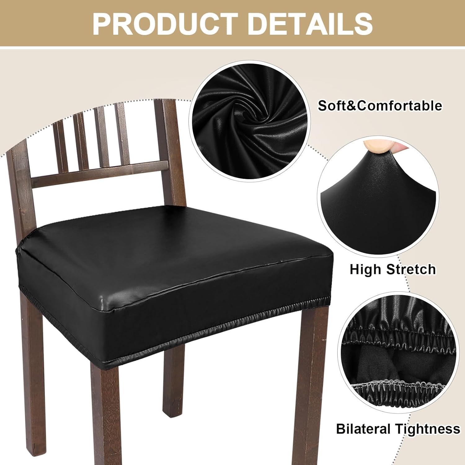 NIBESSER Dining Chair Seat Covers Set of 4,Stretch Soft Removable Washable Chairs Covers for Dining Room, Seat Cushion Slipcovers Protector for Kitchen Armless Chairs (No Rear,Black Pu)