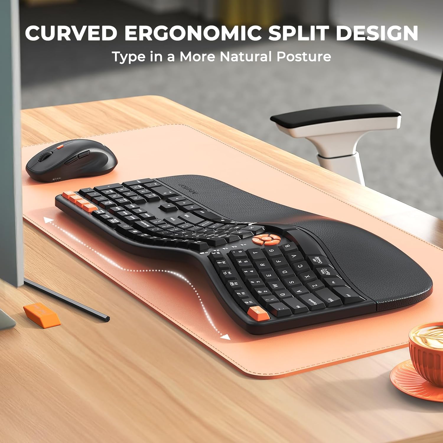 Curved ergonomic split keyboard on a desk