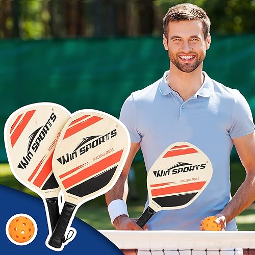 Miniatura 7 de Juego de 2 palas de pickleball de madera, raqueta para principiantes, palas de pepinillo con 2 paletas, 4 bolas y 1 bolsa de transporte, duraderas