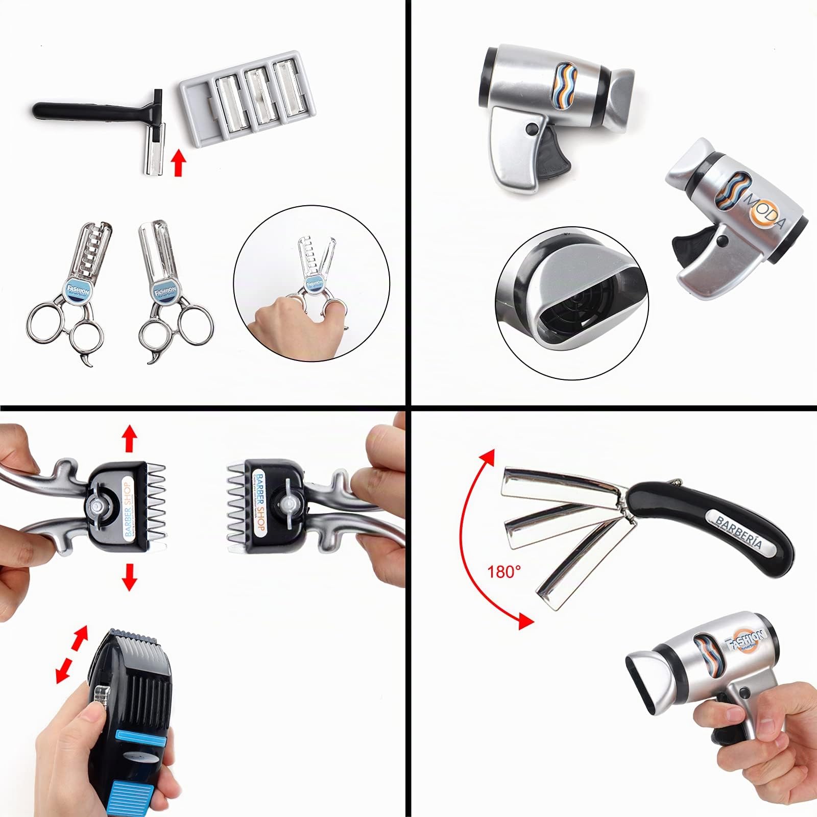 deAO Estilismo y Peluquería Juego de Barbero a la Moda, Piezas de salón de Belleza, Juego de Simulación de Peluquería con Secador de Pelo y Otros Accesorios, Kit de Maquillaje Simulado para Niños