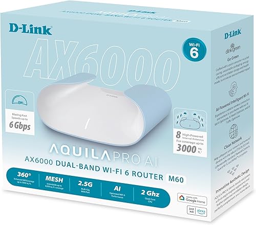 D-Link Enrutador de malla WiFi 6 M60 AX6000, diseño esculpido listo para decoración, WAN de 2.5 Gbps + LAN de 4 Gbps, juegos, transmisión, Internet,