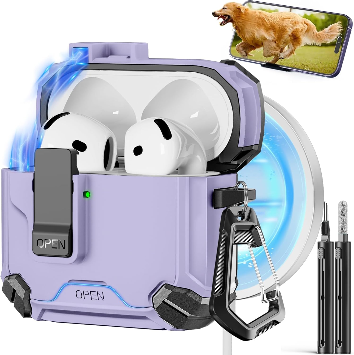compatible with airpods 4th generation case,compatible with magsafe,magnetic automatic lock with phone stand & cleaning kit for airpods 4 with active noise cancellation charging cover (2024) airpods 4th a-a-a-a-b-purple