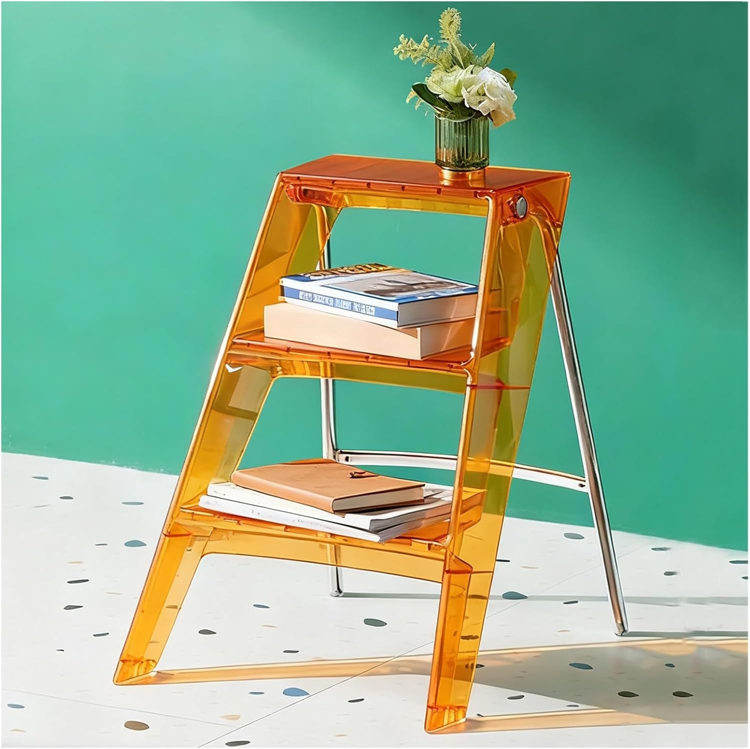 Orange Transparent Step Ladder 3-Step Acrylic Household Folding Ladder Stool Wide Antislip Textured Steps Chrome-Plated Silver Frame Multi-Functional Storage Shelf Side Table Stools