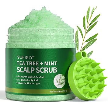 VOERUY Scalp Scrub, Tea Tree Scalp Exfoliator Scrub Shampoo, 2-in-1 Scalp Treatment with Mint Oil, Hair Treatment to Clarify and Remove Build up with Silicone Scalp Massager, 10.6oz/300g