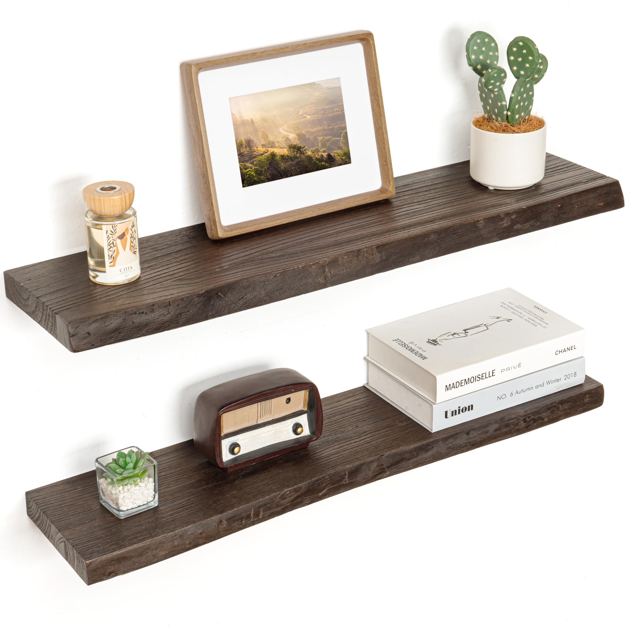 floating shelves for wall decor, rustic solid elm wood live edge floating shelves wall mounted, wall shelves with invisible bracket for living room bathroom bedroom kitchen, 32 inch set of 2, walnut