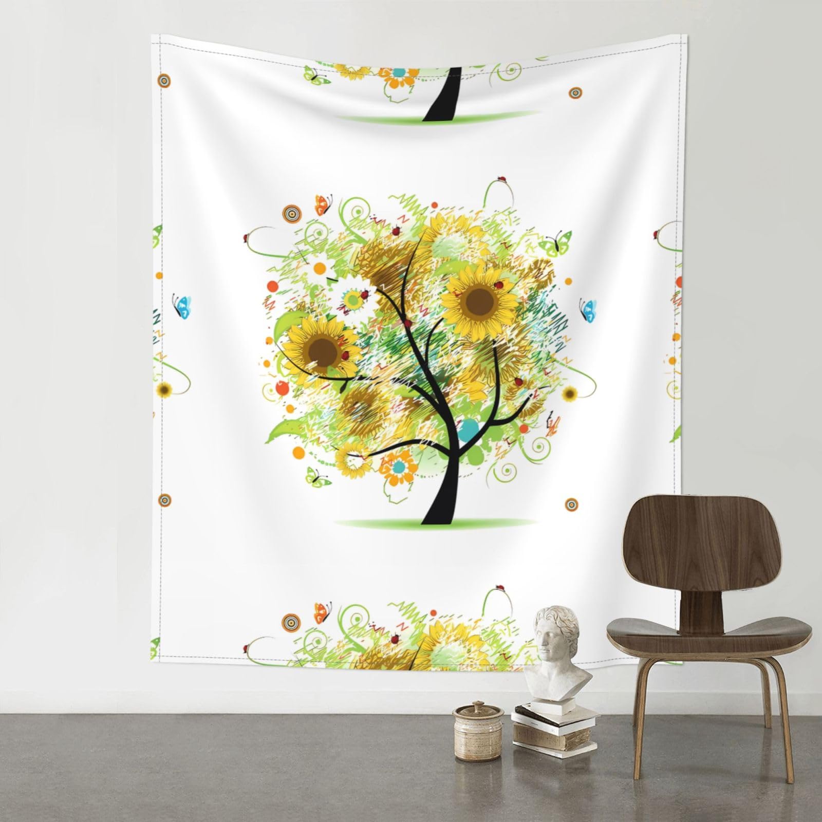 YYHWHJDE Floral Tree with Daisies Sunflowers Butterflies Prints Wall Tapestry 60x51in - High-Grade Polyester Throw for Dorm Room Decor, Beach Blankets & Home Accent