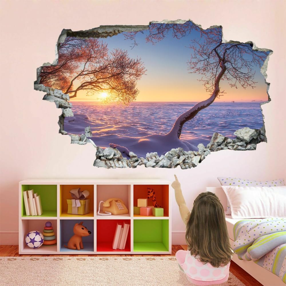 Effet De Mur Brisé 3D Paysage Coucher De Soleil Arbre Stickers Muraux Imperméables Art Amovible Neige Sticker Mural En Vinyle Pour Décoration Murale De Chambre À Coucher Pour Enfants, Garçons, Filles
