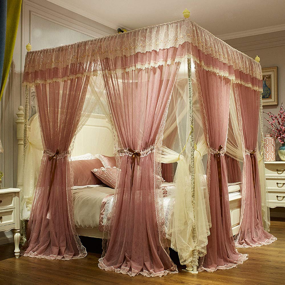 Moskitonetz für Bett, 360 ° Anti-Moskito-Design, Spitzenprinzessin-Mesh-Verschlüsselungsvorhang, Schlafzimmerbodenbeatmung Mückennetz mit Edelstahlhalterung, Pink, 1,5 m