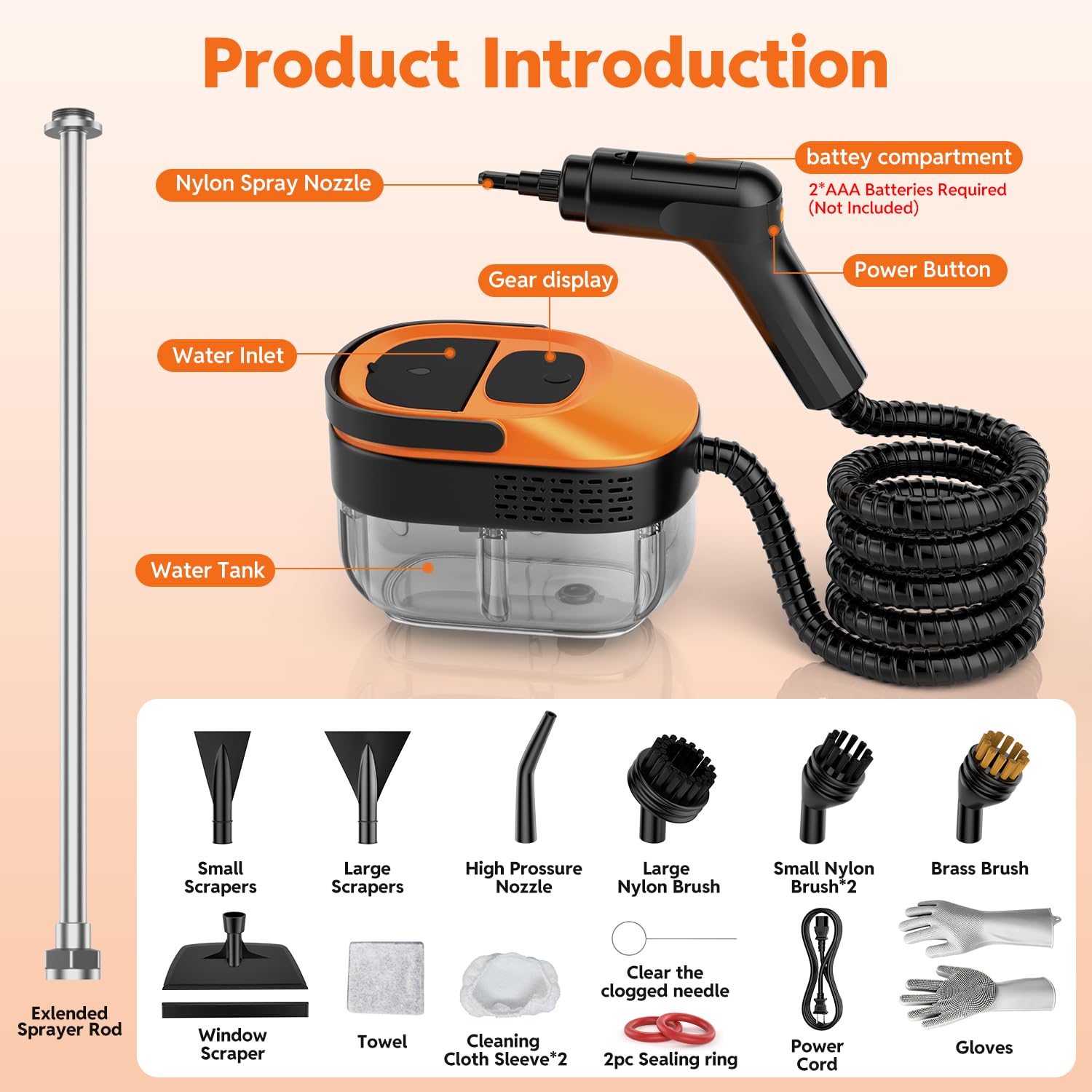 Limpiador de vapor para el hogar y el automóvil, vaporizador de mano de calor rápido de 15 segundos para limpieza, tanque grande de 1.6 L, control de vapor de 3 niveles con kit de accesorios de 17