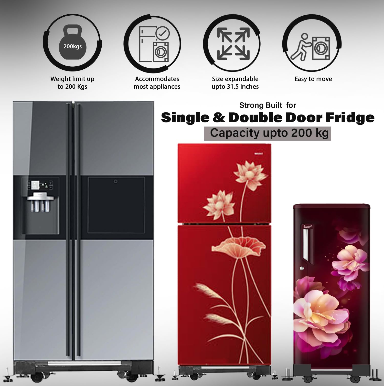 Zureni Adjustable Front/Top Load Washing Machine Stand (5 to 15 KG) Heavy Duty Metal 230KG Capacity Single/Double Door Fridge Refrigerator & Air Cooler Trolley with Nylon Wheels & Anti Vibration Pad 4