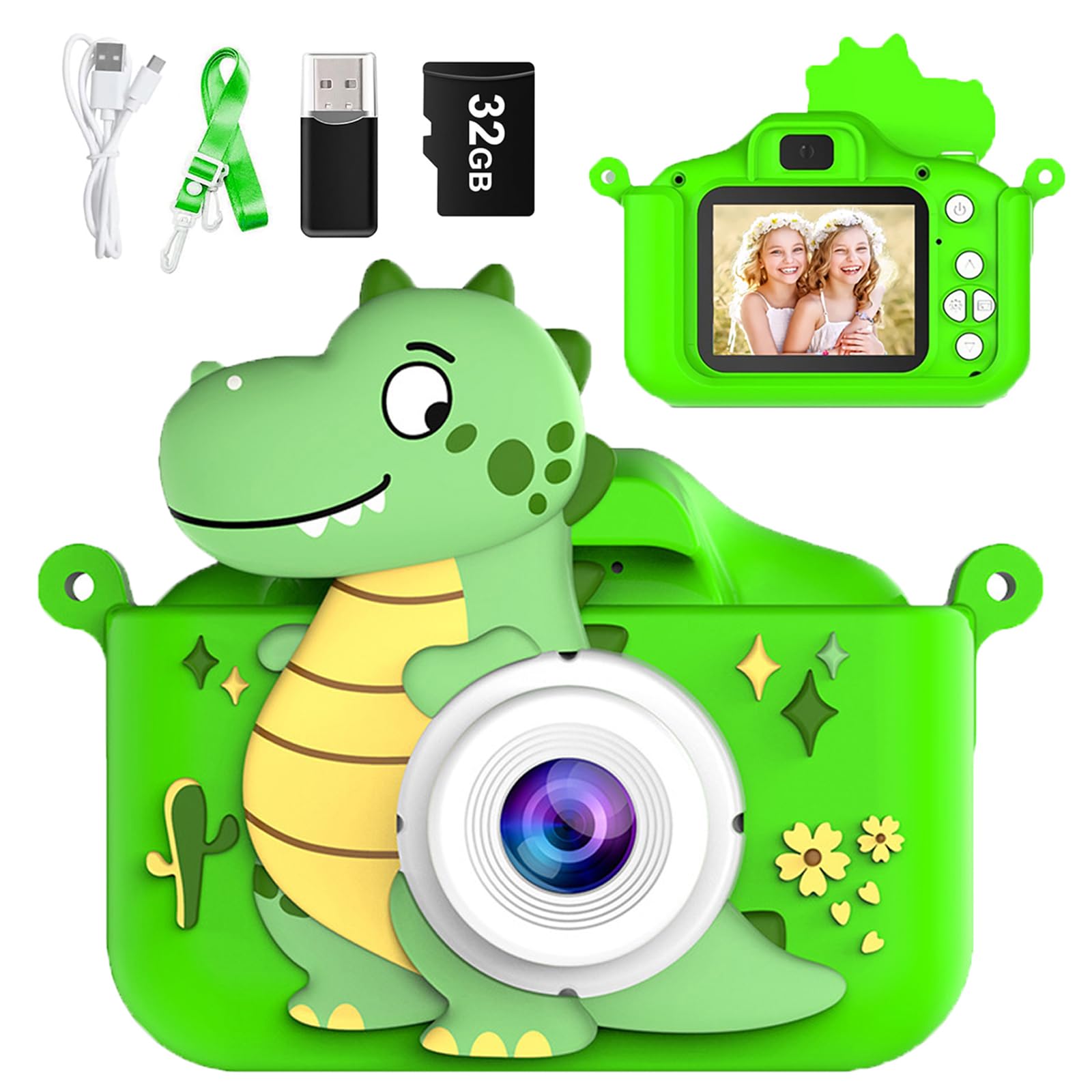 TourKing Dinosaur Kids Camera for Boys & Girls, 3-12 Years, 1080P HD Digital Camera with 32GB SD Card, Multi-Functional & Portable Kids Camera Toys