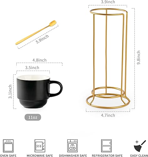 Miniatura 2 de YHOSSEUN Juego de 4 tazas de café apilables de porcelana con estante tazas Demitasse con cucharas de expreso 11 onzas para bebidas de café latte