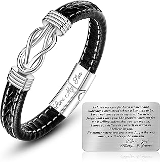 Son Gifts from Mom Wallet Insert Card to Son Braided Leather Bracelet Engraved Son Birthday Card Wallet Inspirational Cards Adjustable Son Bracelet from Mum Son Wristband Cuff Bracelet for Birthday