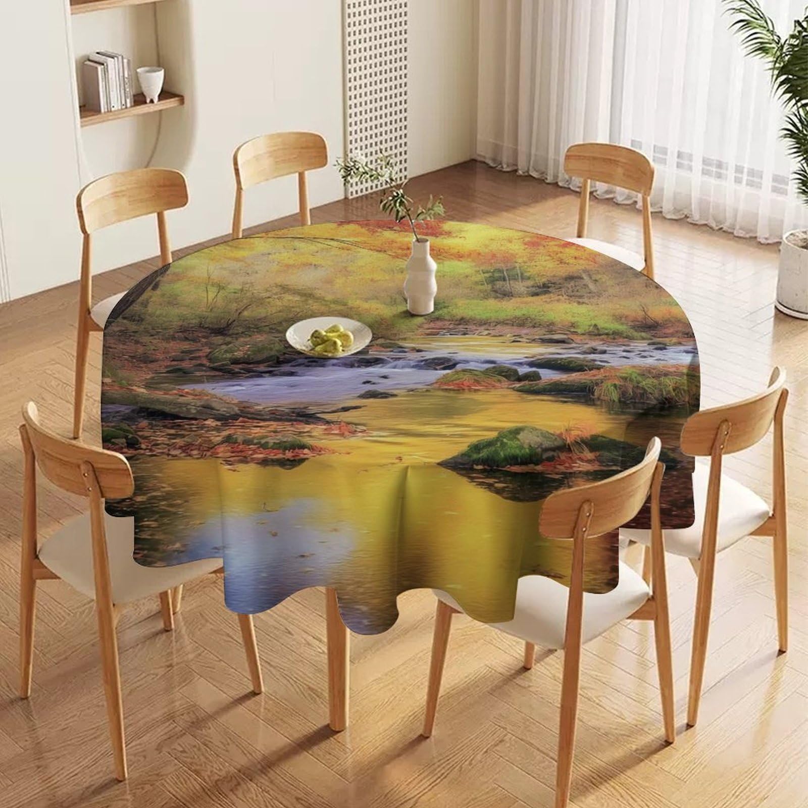 ORDOBO 3D Printed Tablecloth - Forest Stream Fashion Table Protect Cover Waterproof Wipeable For Kitchen Dinner Garden Dining Home Decoration 152X152Cm