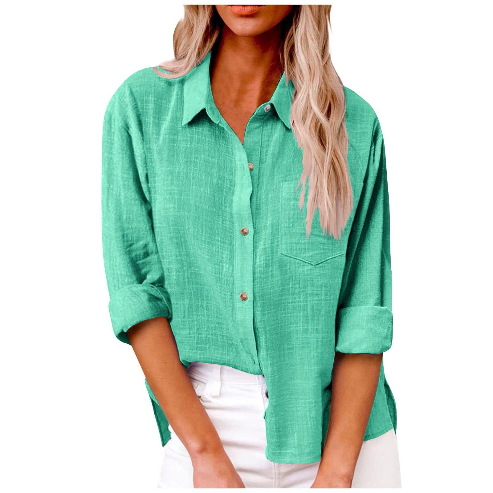 Musselin Bluse Damen Elegant Leinenbluse Shirt Damen Langarm Einfarbig Revers Baumwolle Tshirt Mit Tasche Knopfleiste Blusenshirt Leichte Tuniken Hemdbluse Casual Longbluse Basic Oberteile Tops