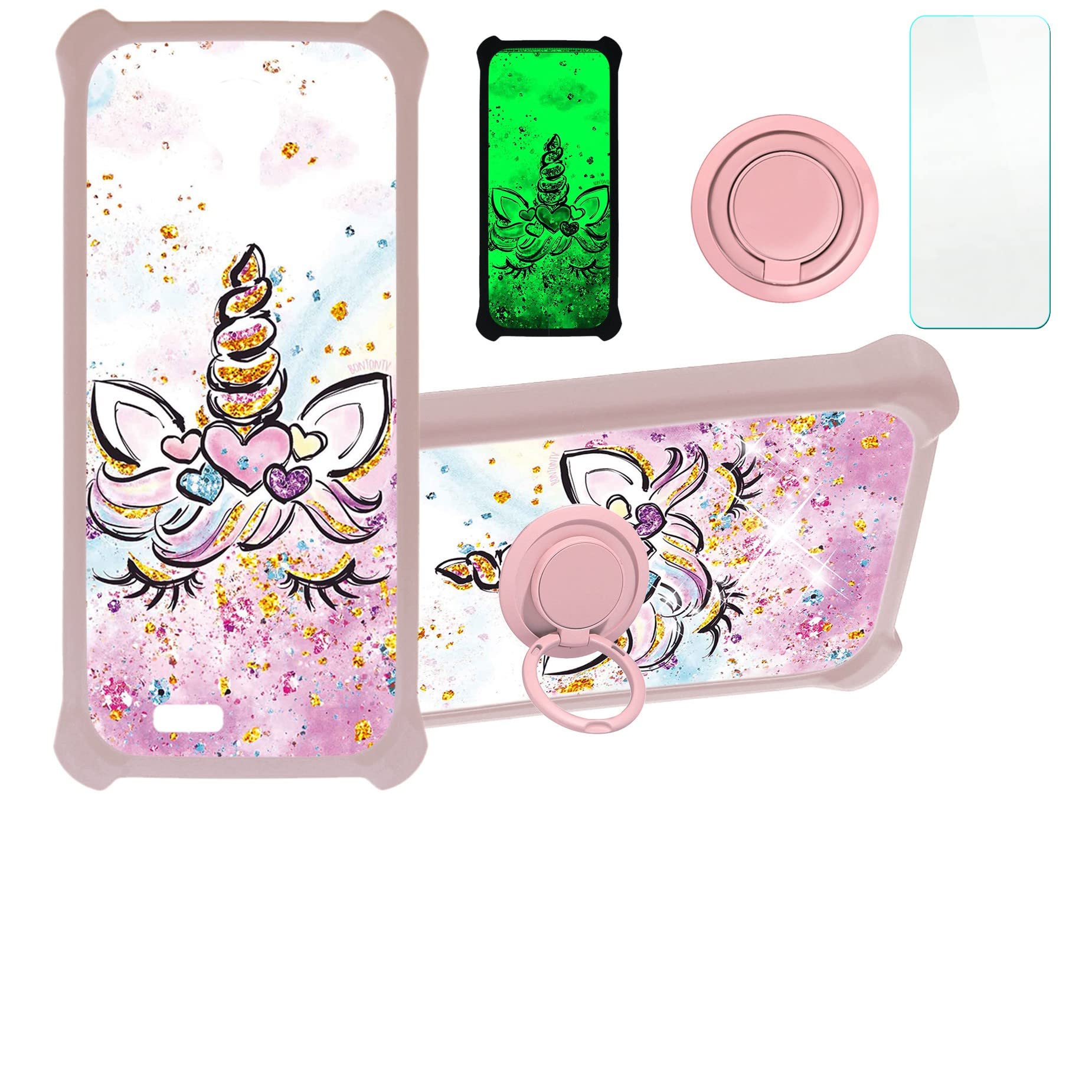 jioeuinly Lush Mint L1589k Case Compatible with Lush Mint L1589k Phone Case Cover [with Tempered Glass Screen Protector][Hard PC + Soft Silicone][Ring Support] [Gold Glitter+Luminous] JSF-JJS